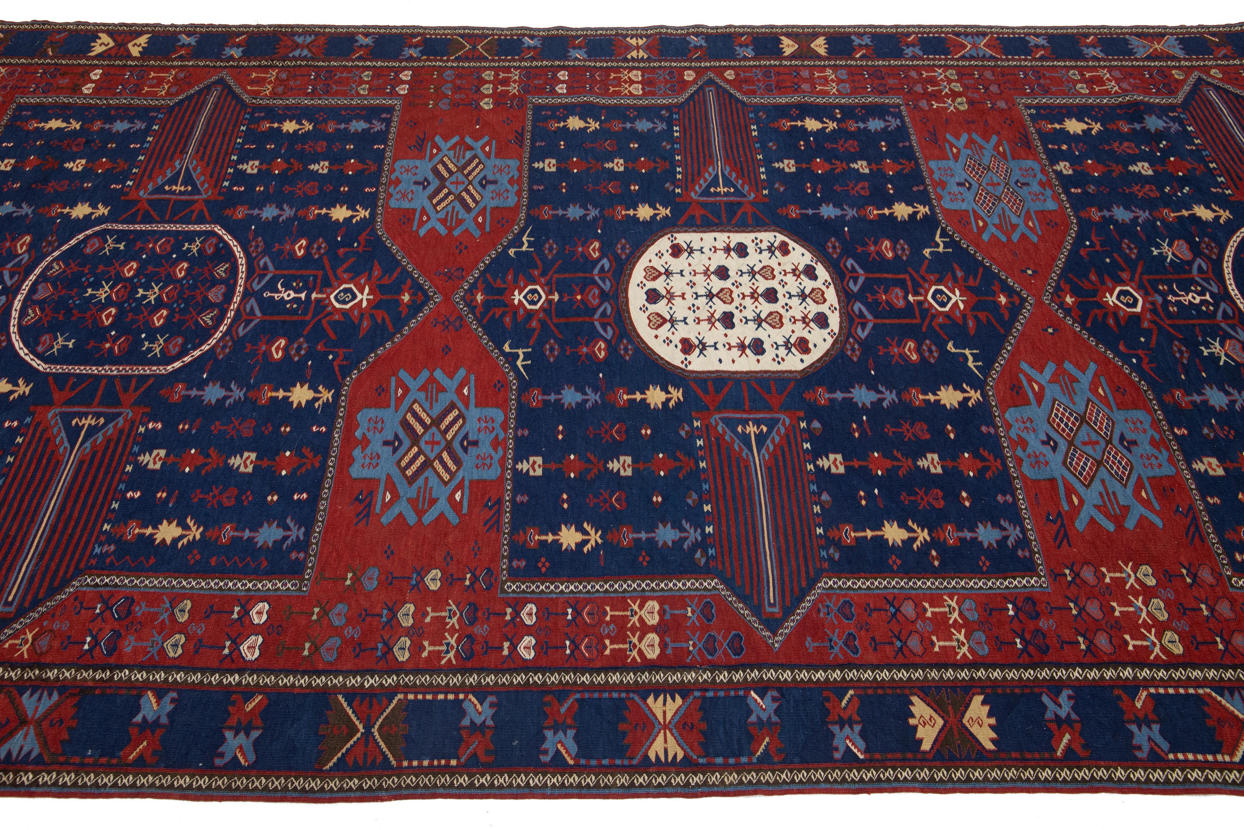 Early 20th Century Antique Caucasian Dagestan Handmade Wool Runner In Blue Color With Tribal Motif For Sale