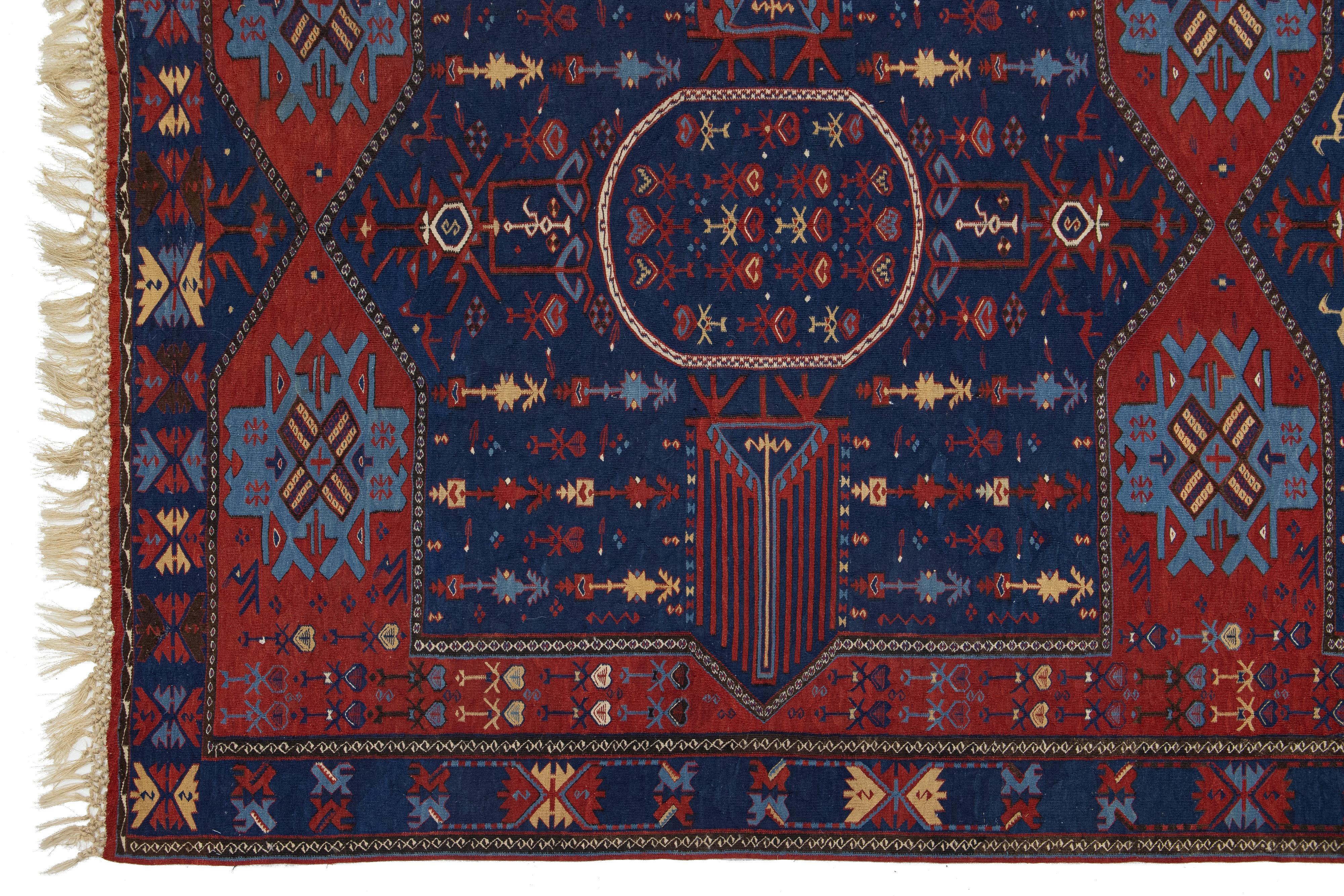 Antique Caucasian Dagestan Handmade Wool Runner In Blue Color With Tribal Motif For Sale 1