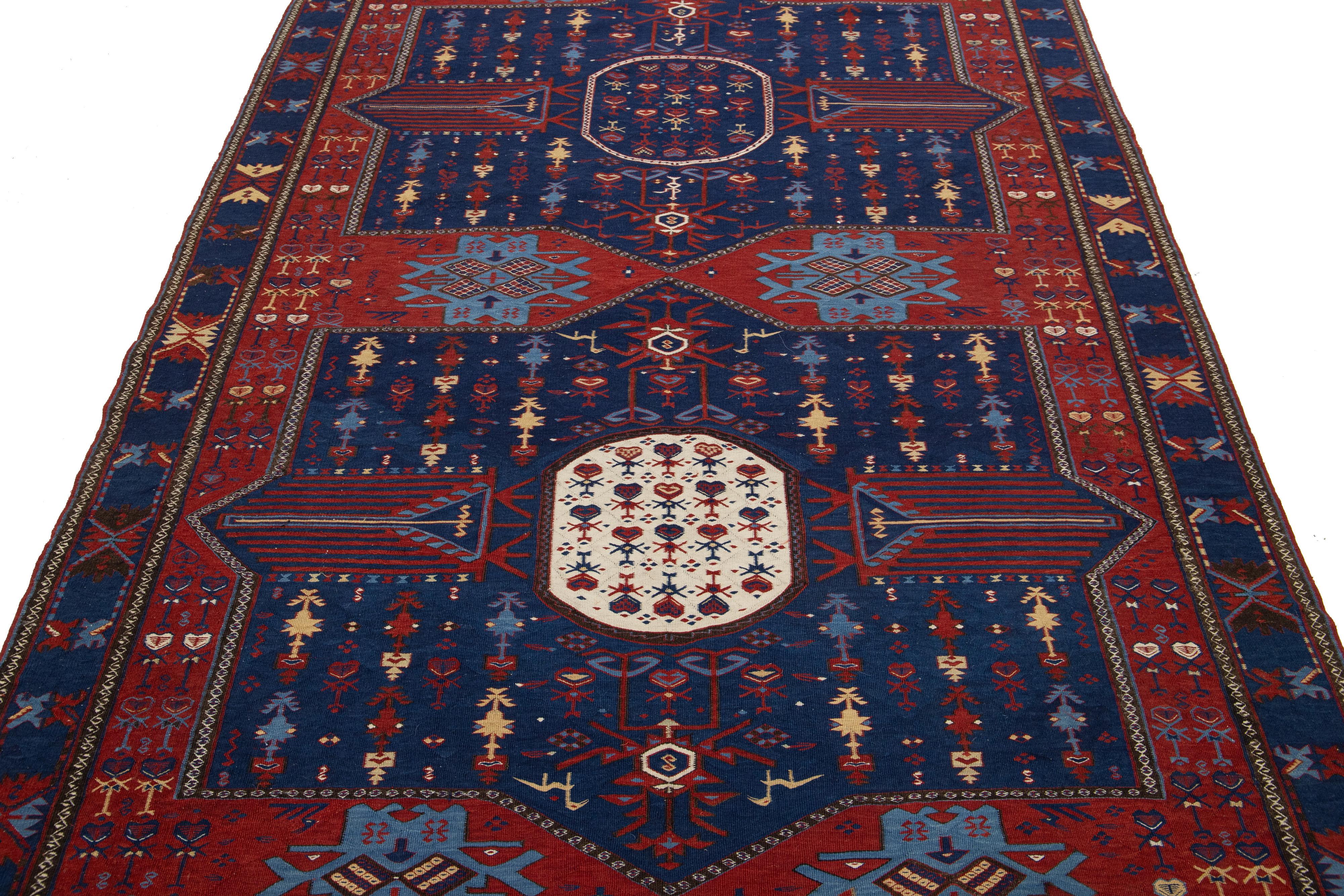 Antique Caucasian Dagestan Handmade Wool Runner In Blue Color With Tribal Motif For Sale 2
