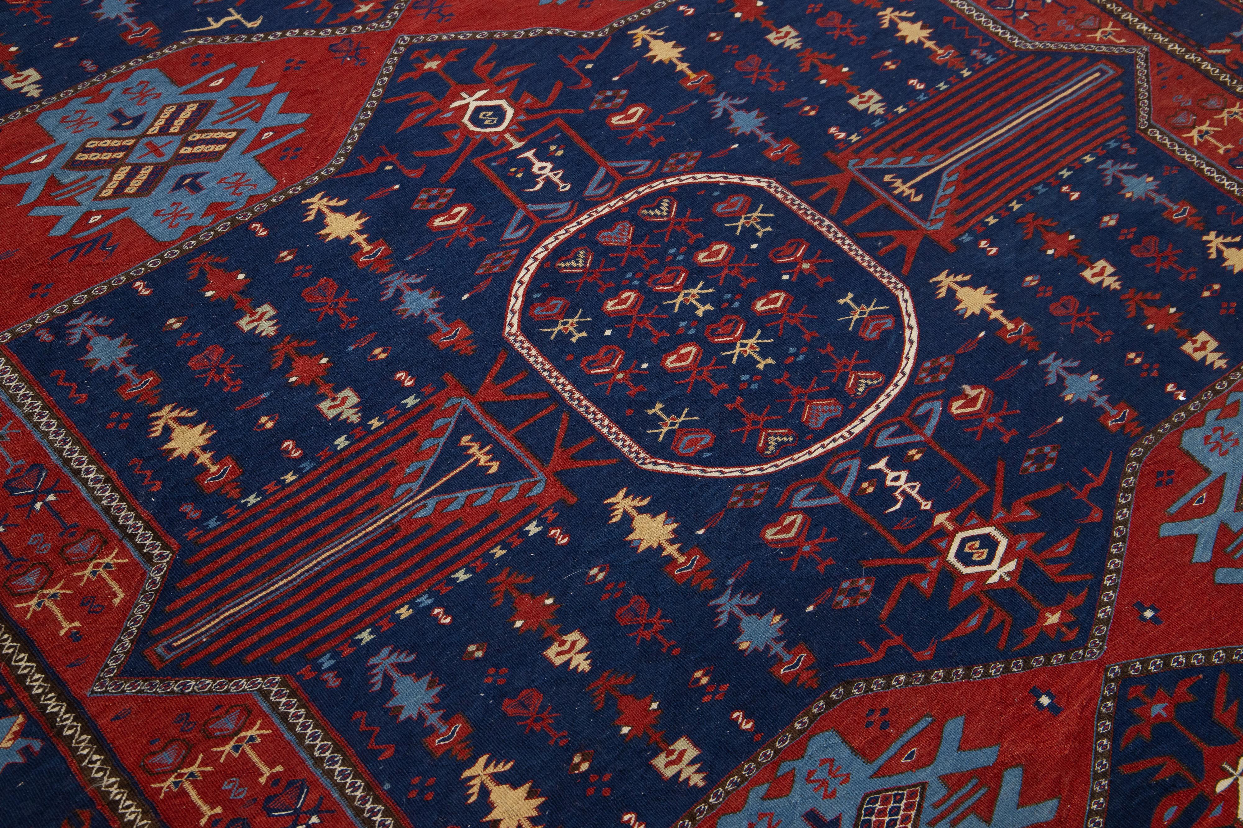 Antique Caucasian Dagestan Handmade Wool Runner In Blue Color With Tribal Motif For Sale 3
