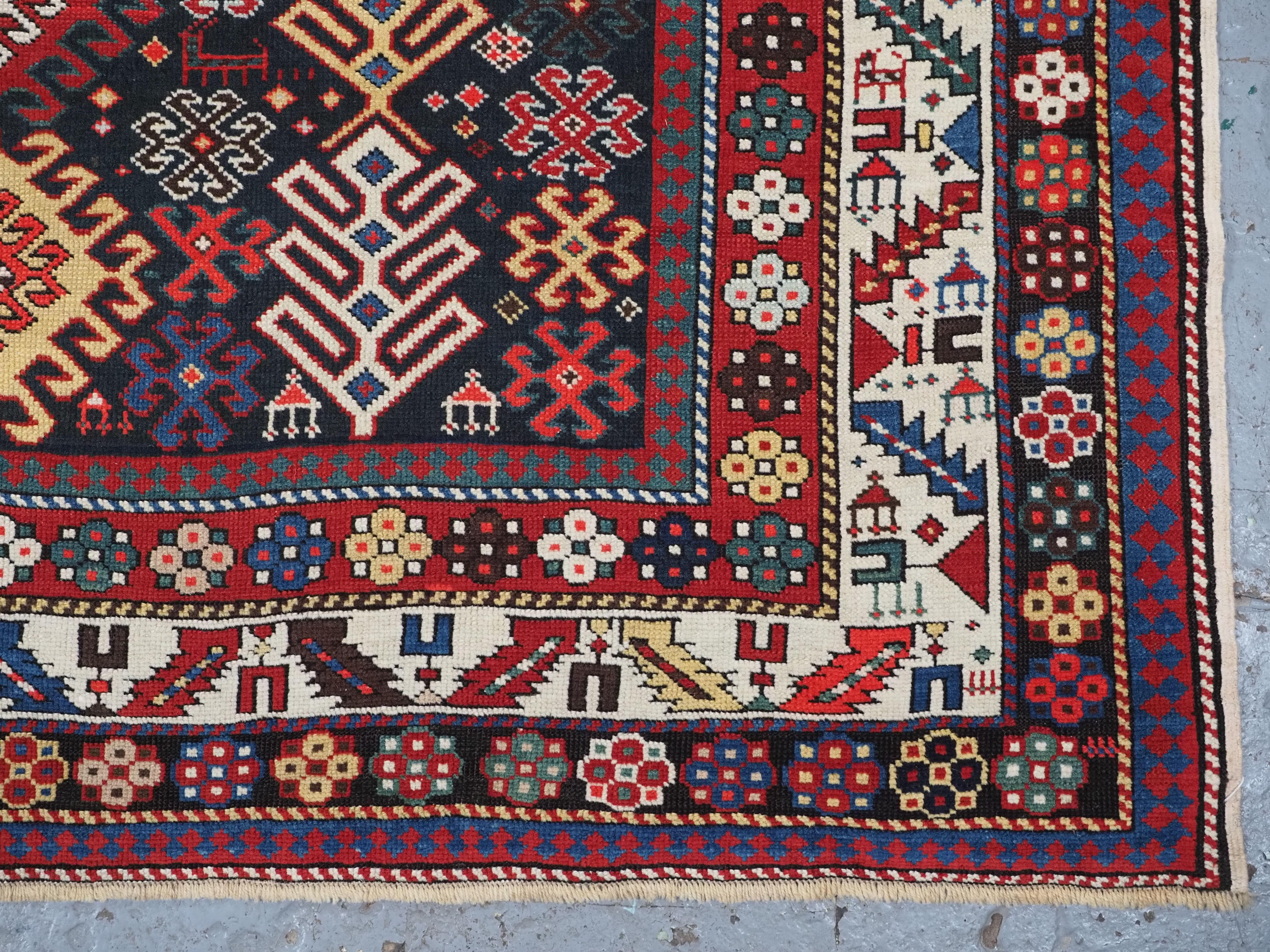 Antique Caucasian Dagestan long rug with hooked medallion design.  Circa 1890. For Sale 6