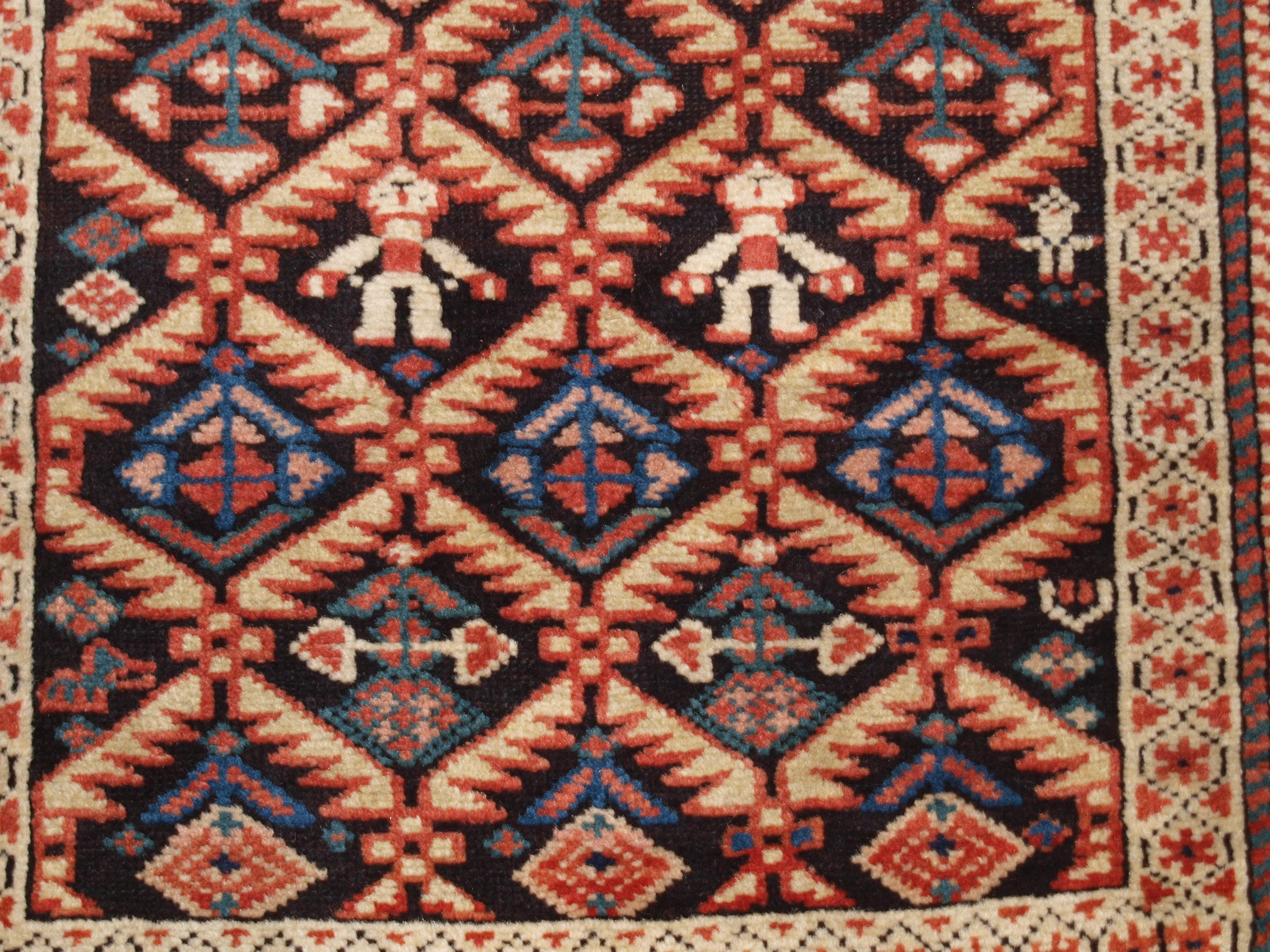 Antique Caucasian Dagestan Rug with Lattice Design on Dark Charcoal Ground 4