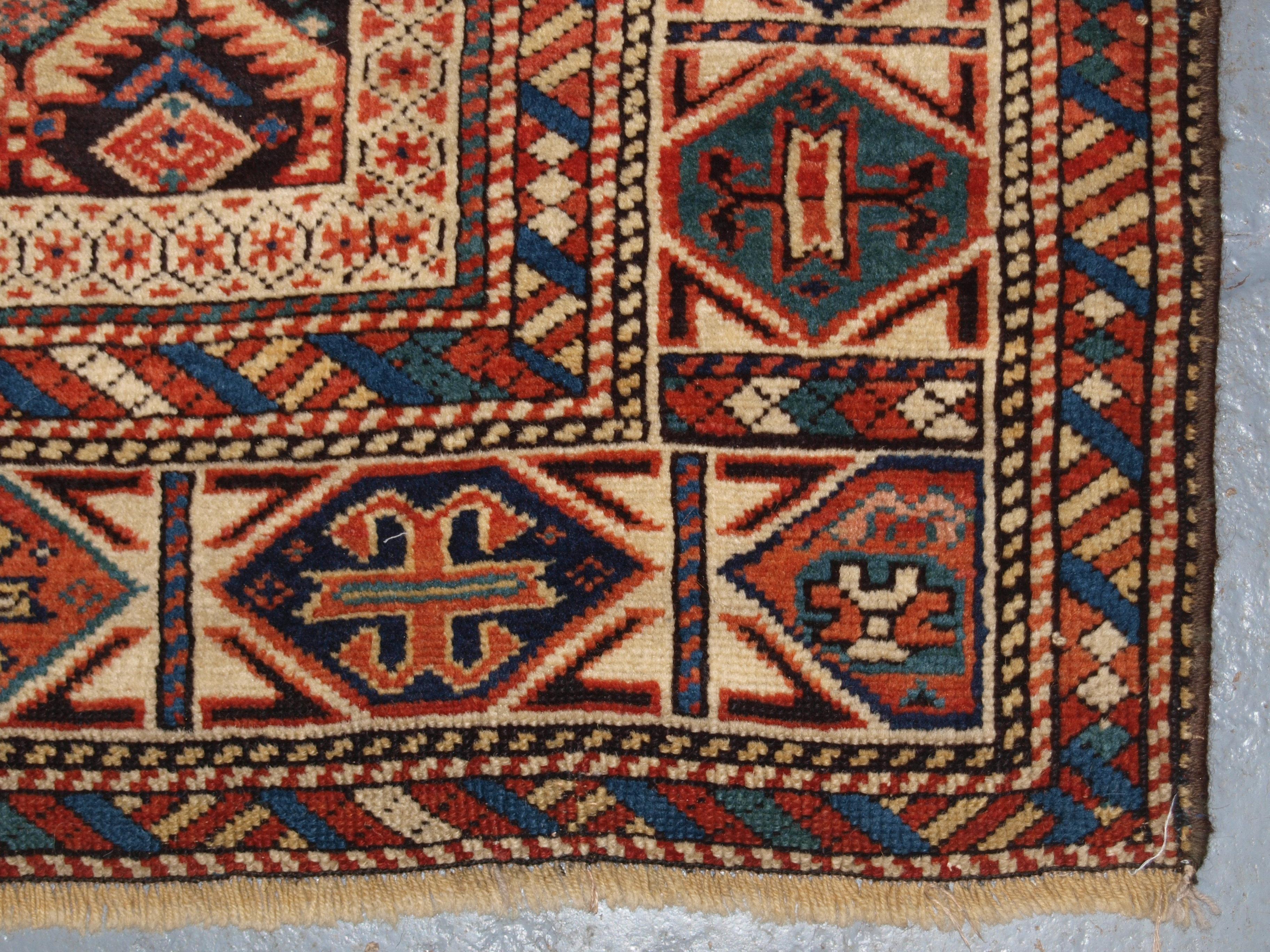 Antique Caucasian Dagestan Rug with Lattice Design on Dark Charcoal Ground 6