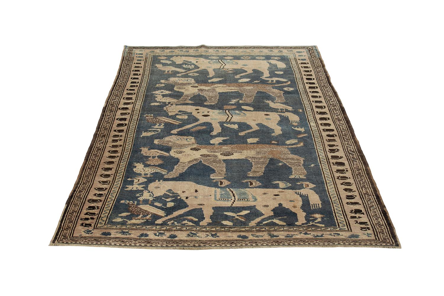 Hand-Knotted Antique Caucasian Garabagh Tribal Rug in a Grey and Blue Background For Sale