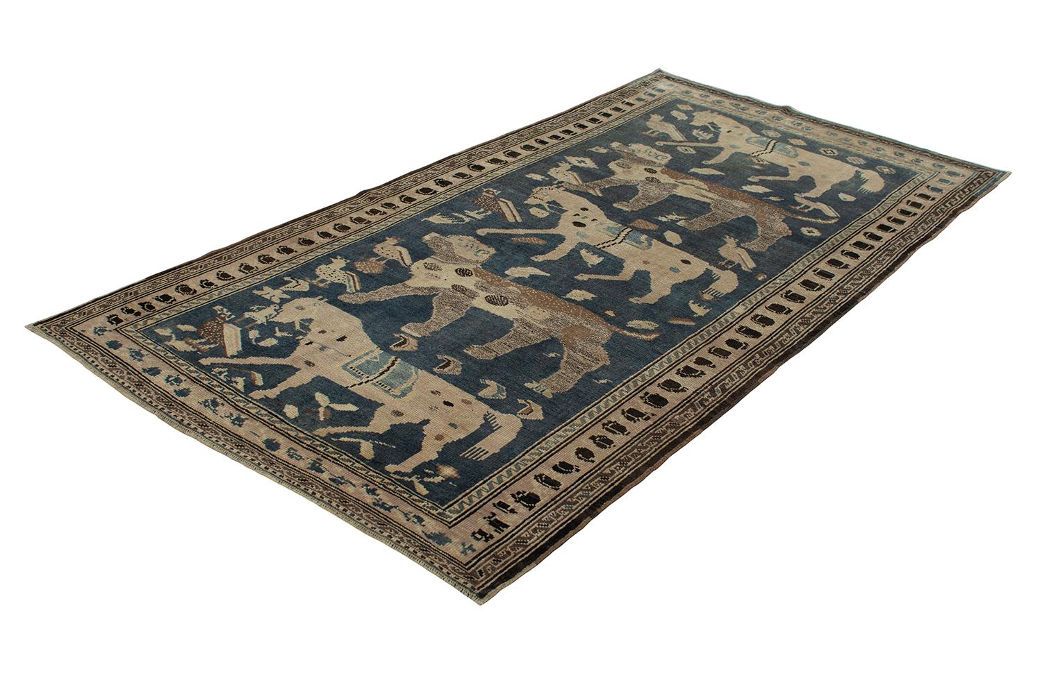 Antique Caucasian Garabagh Tribal Rug in a Grey and Blue Background In Good Condition For Sale In New York, NY