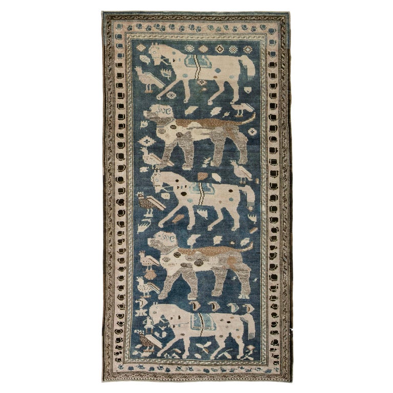 Antique Caucasian Garabagh Tribal Rug in a Grey and Blue Background For