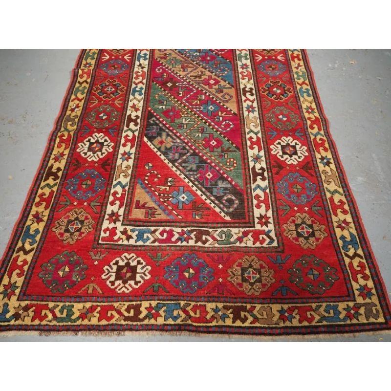 19th Century Antique Caucasian Gendje Kazak Long Rug with Diagonal Stripe Design, circa 1890 For Sale