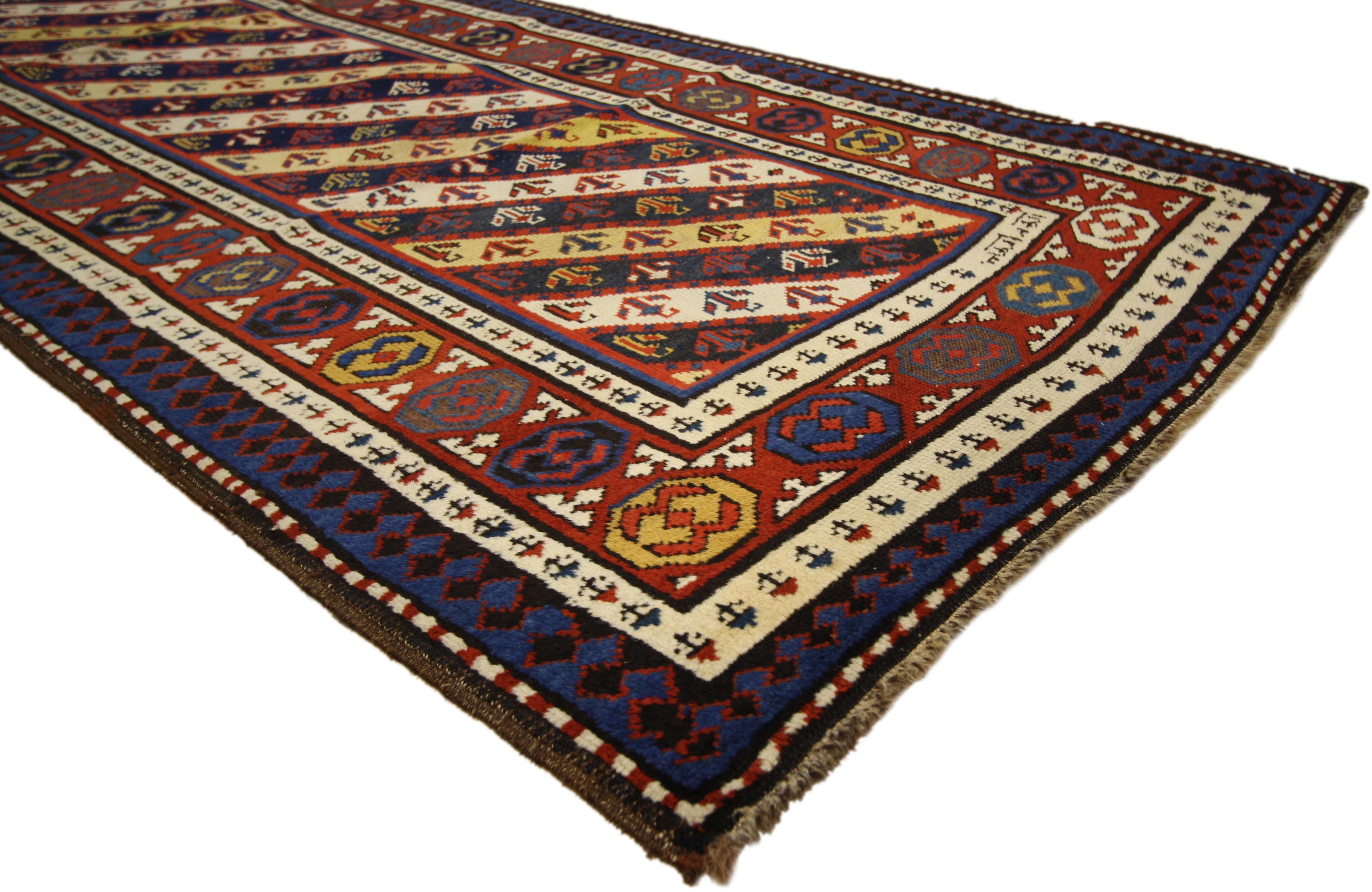Hand-Knotted Antique Caucasian Gendje Kuba Runner with Tribal Style, Hallway Runner For Sale