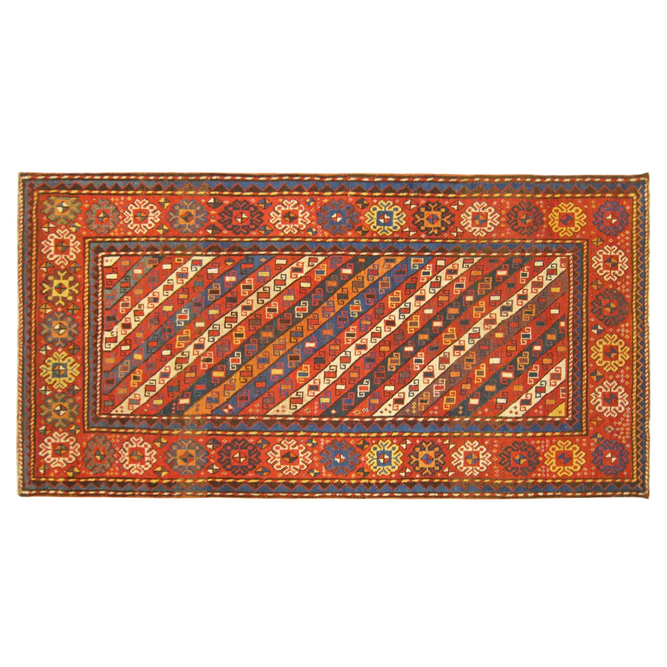 Antique Caucasian Gendje Oriental Rug in Runner Size with Diagonal Stripes For Sale