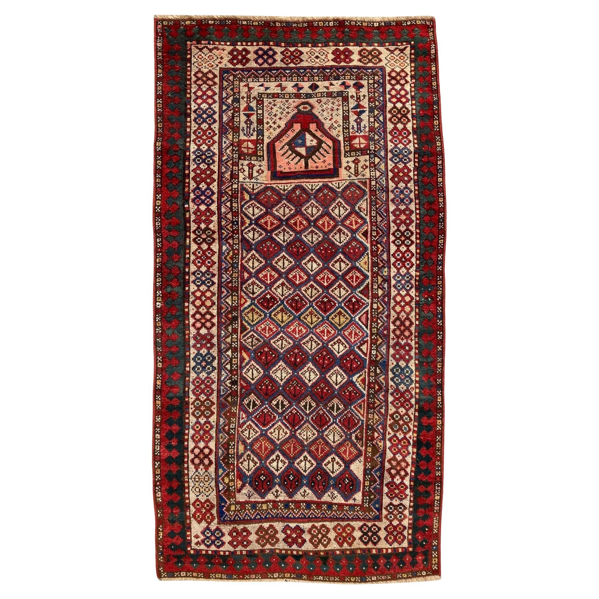 Ancien tapis de prière caucasien Gendje 1.90m X 0.98m