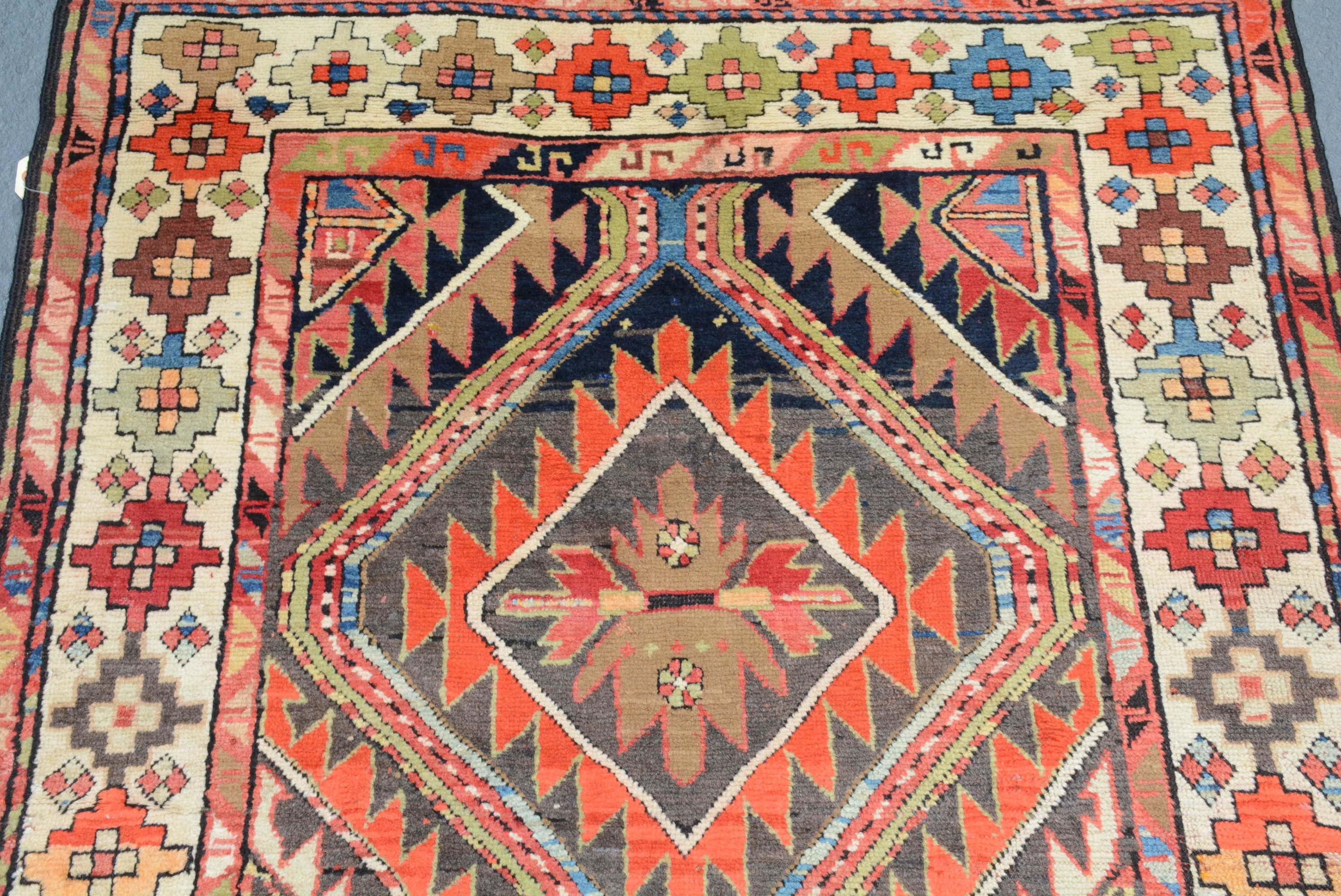 Gendje rugs are woven in the southwest Caucasus, surrounded by the prolific weaving centers of Kazak, Karabagh, and Shirvan. A major railway line that ran from Tiflis to Baku passed through this area, and thus it became a major market or trading