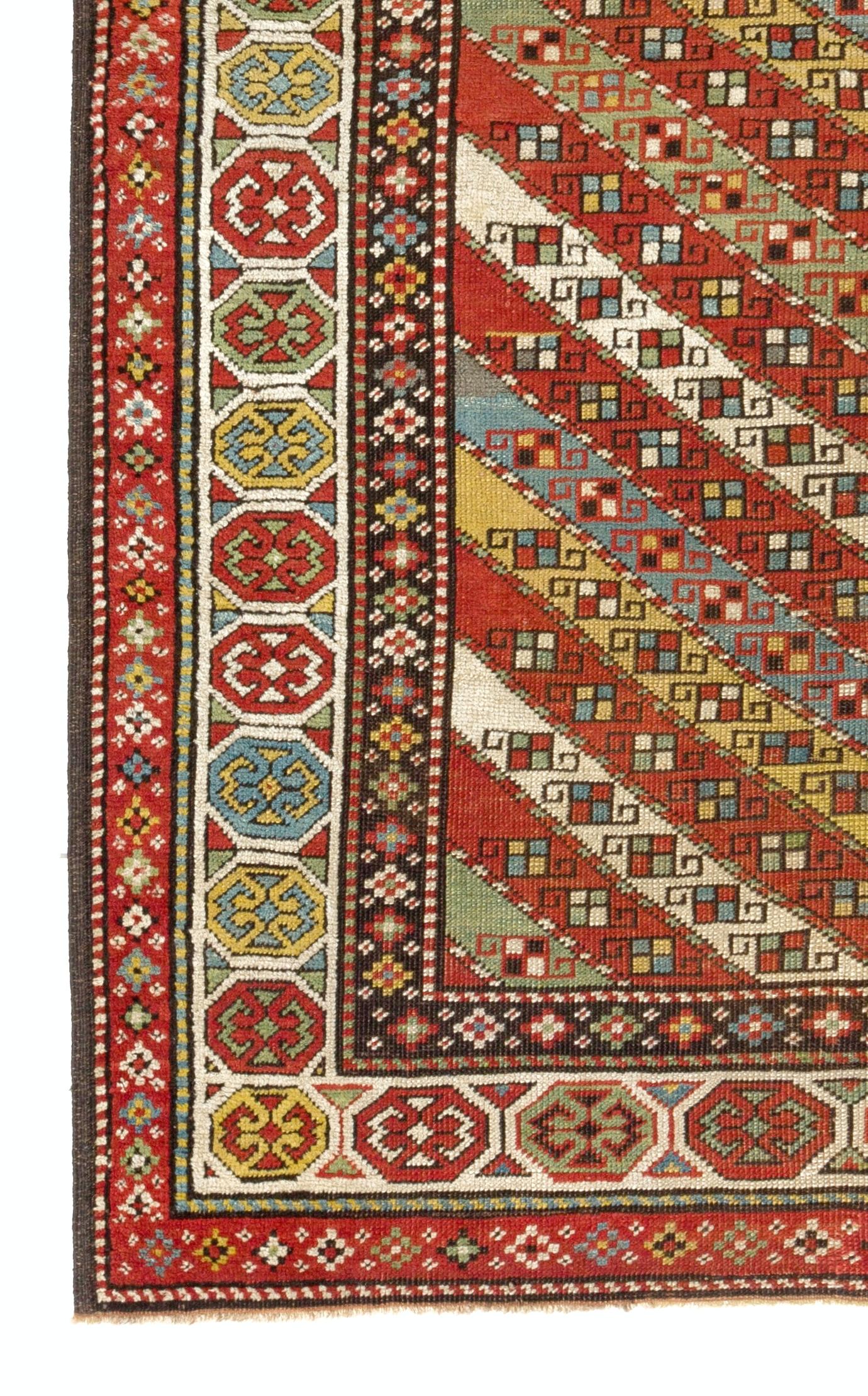 3.9x6.6 Ft  Antique Caucasian Gendje Rug Colorful Diagonal Stripes, circa 1875 In Good Condition For Sale In Philadelphia, PA