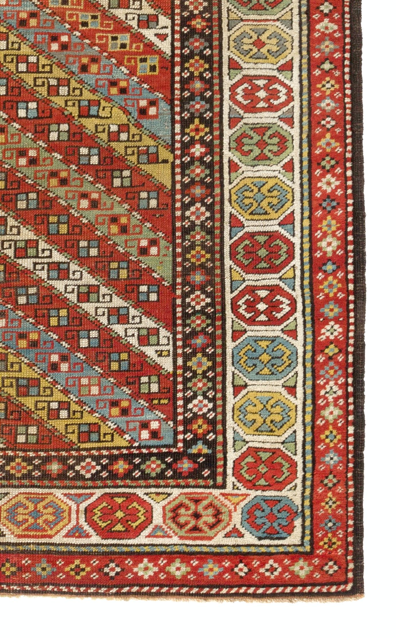 Late 19th Century 3.9x6.6 Ft  Antique Caucasian Gendje Rug Colorful Diagonal Stripes, circa 1875 For Sale