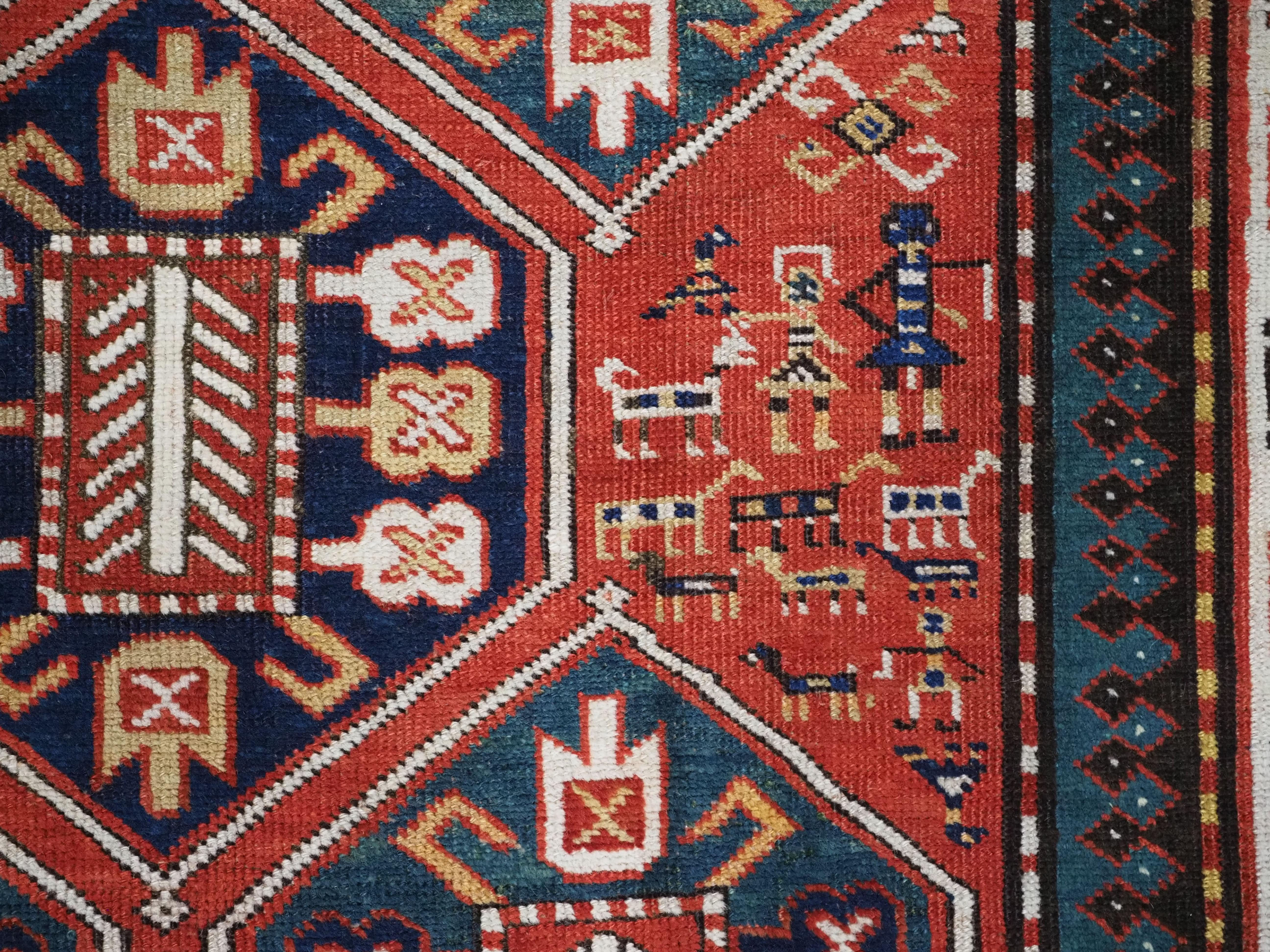 Antique Caucasian Gendje rug with wonderful folk art design.  Circa 1890. For Sale 4