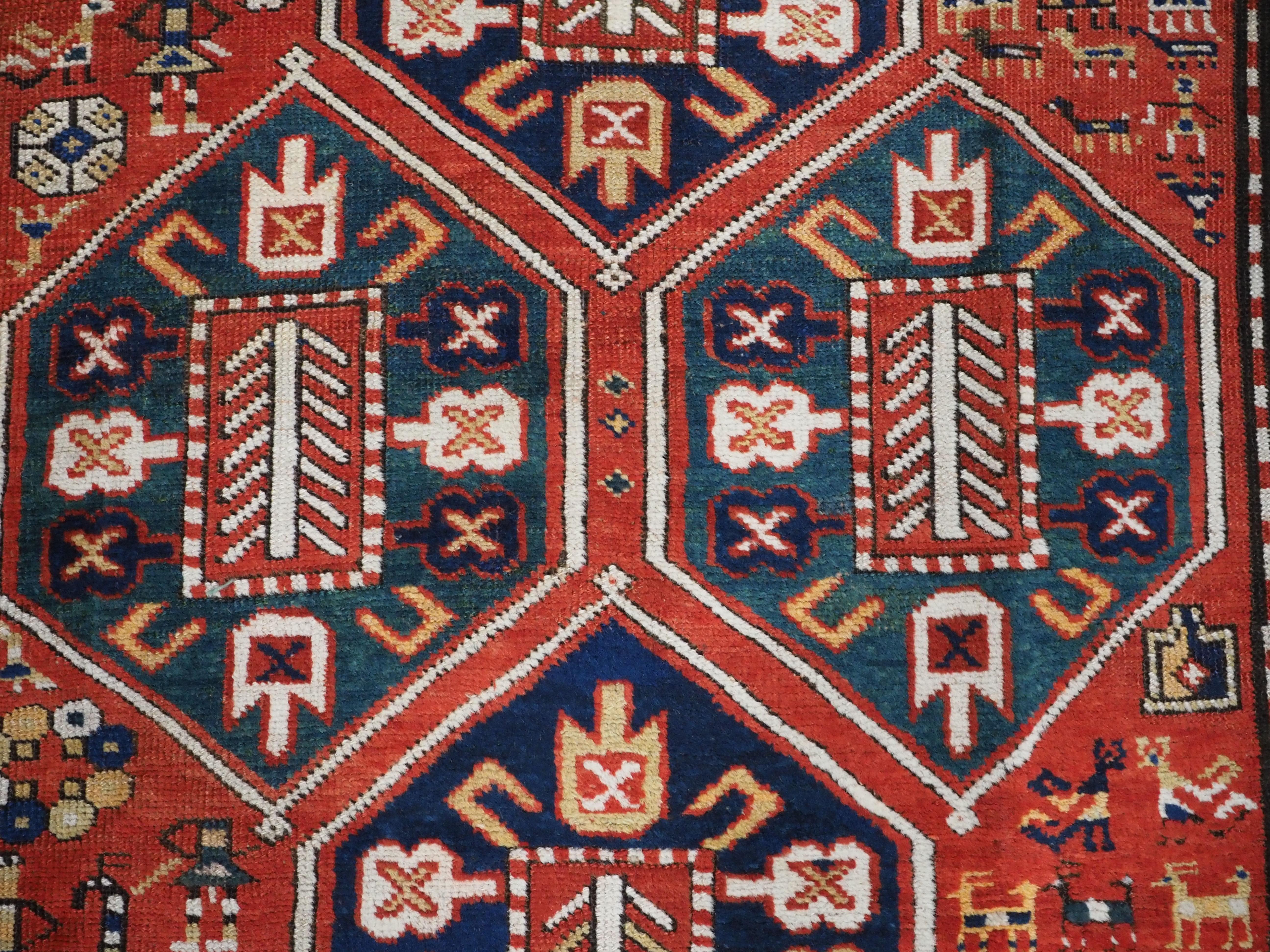 Antique Caucasian Gendje rug with wonderful folk art design.  Circa 1890. For Sale 5