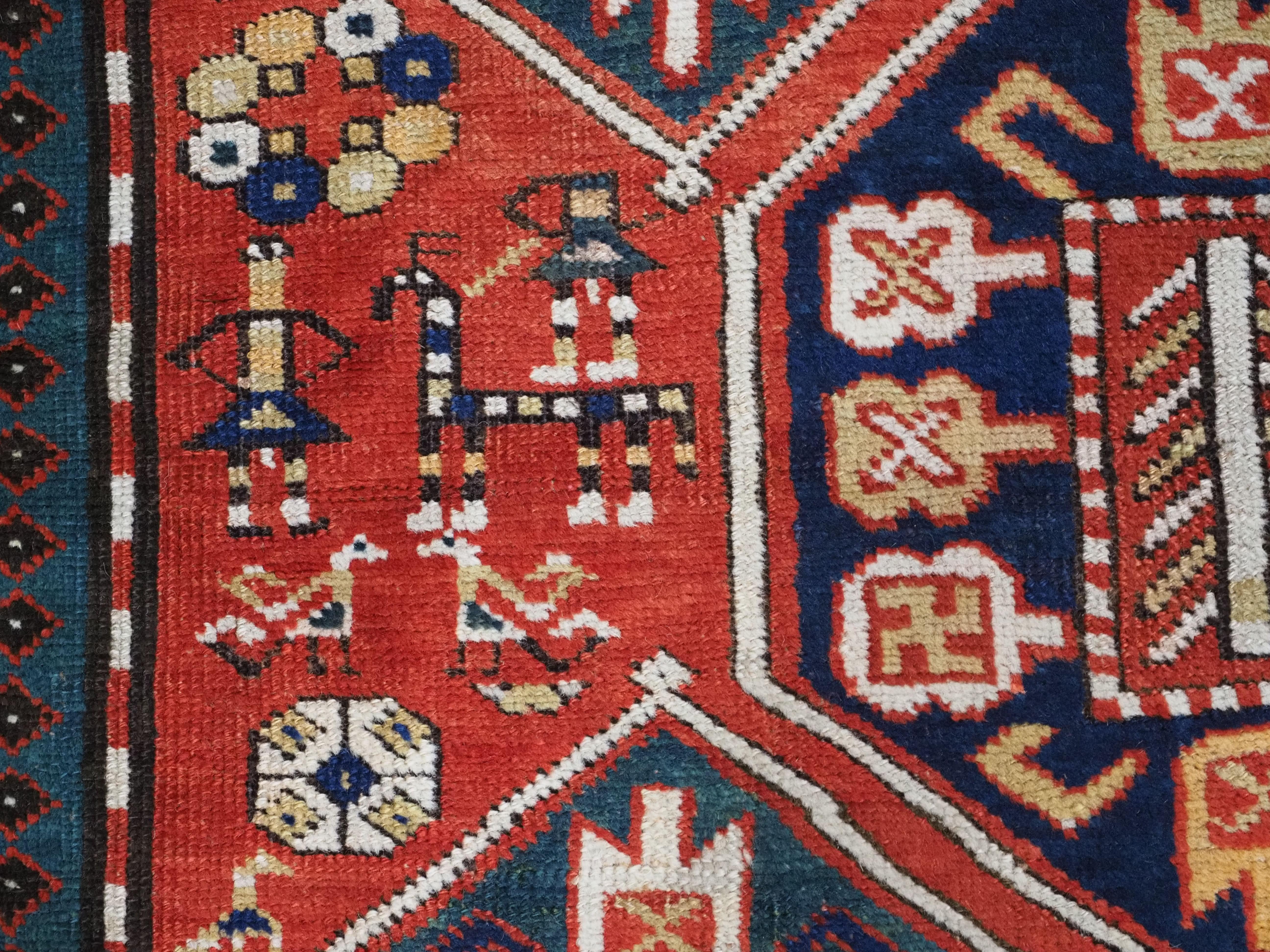 Antique Caucasian Gendje rug with wonderful folk art design.  Circa 1890. For Sale 6