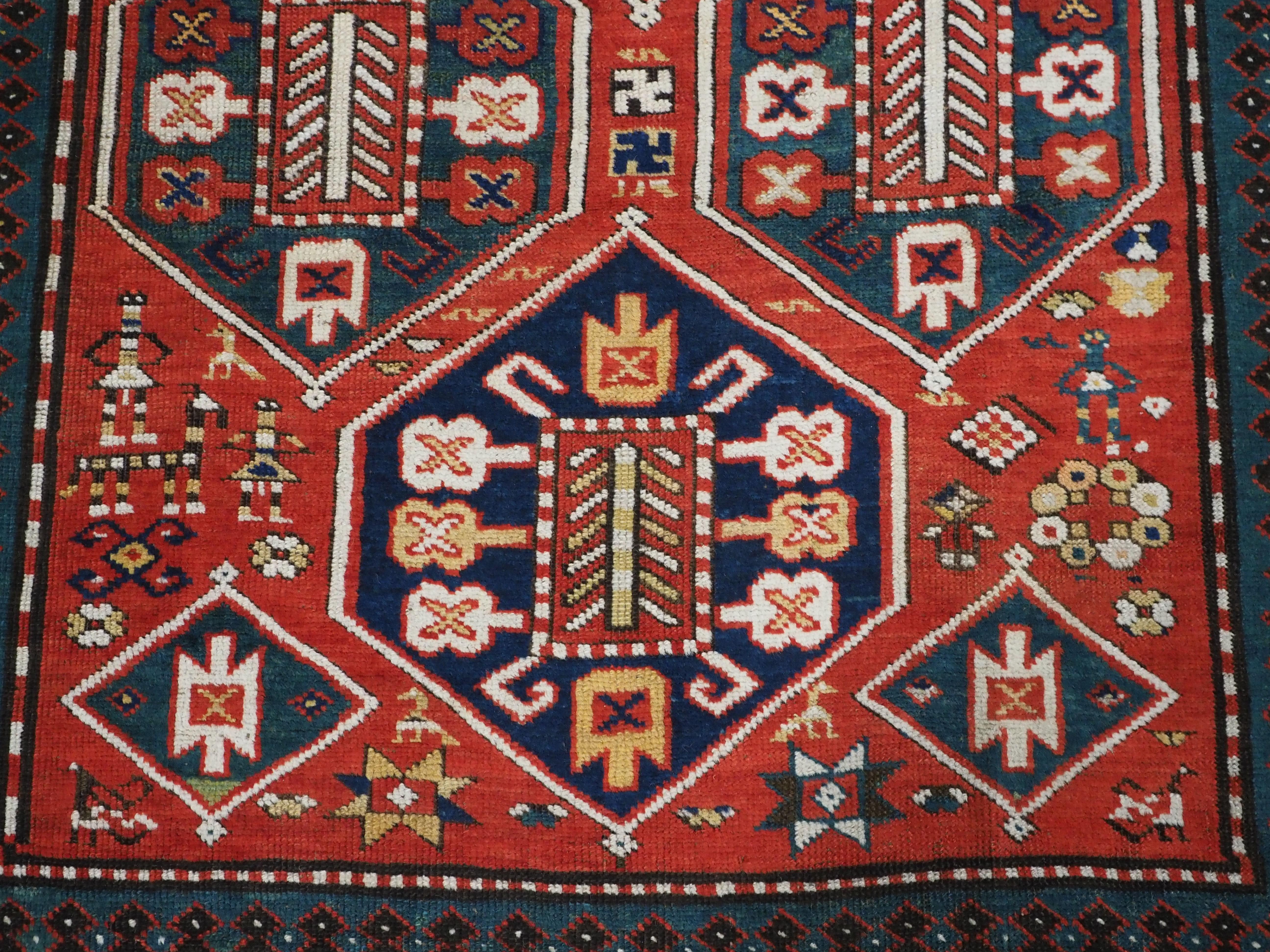 Antique Caucasian Gendje rug with wonderful folk art design.  Circa 1890. For Sale 8