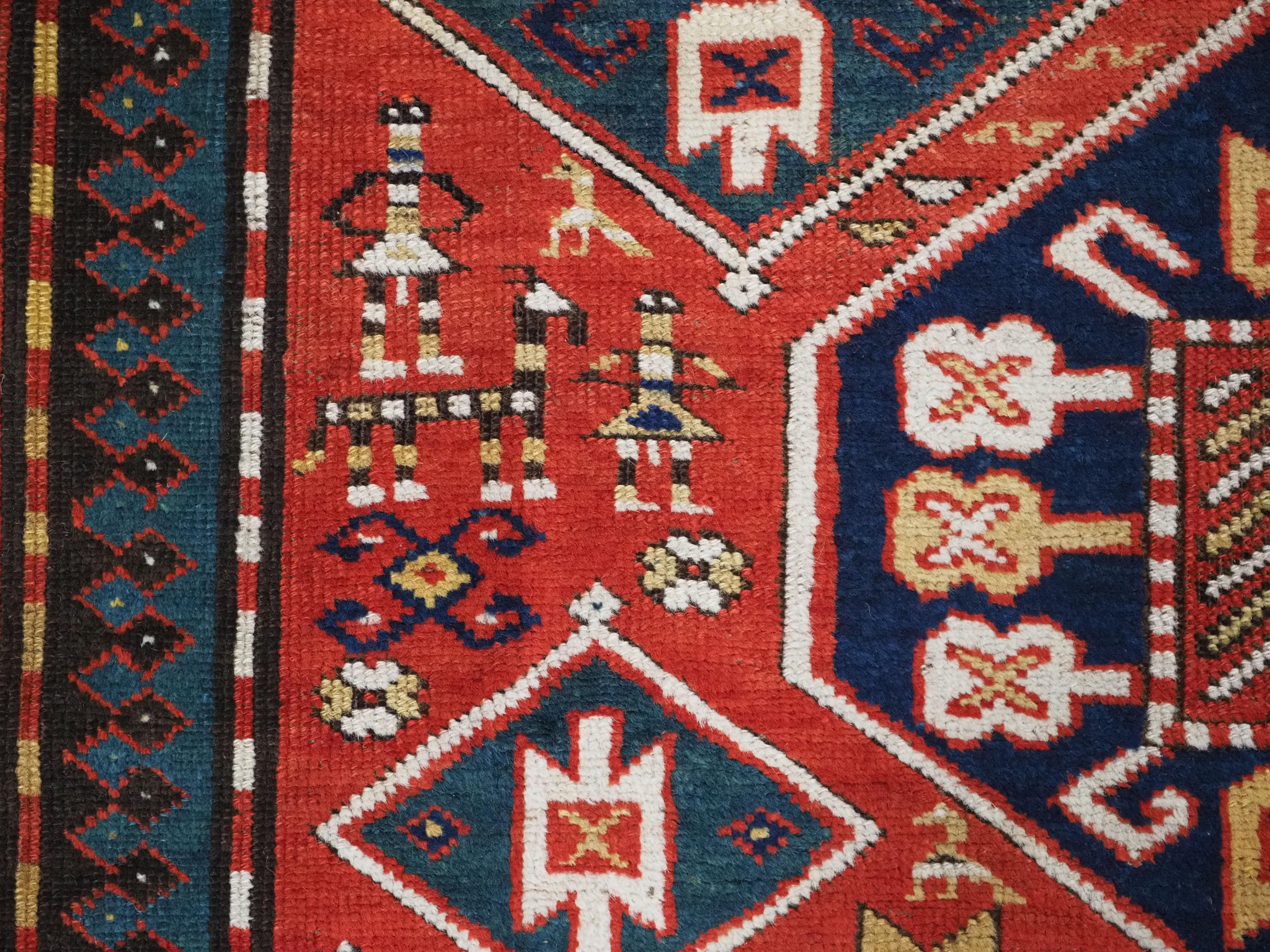Antique Caucasian Gendje rug with wonderful folk art design.  Circa 1890. For Sale 9