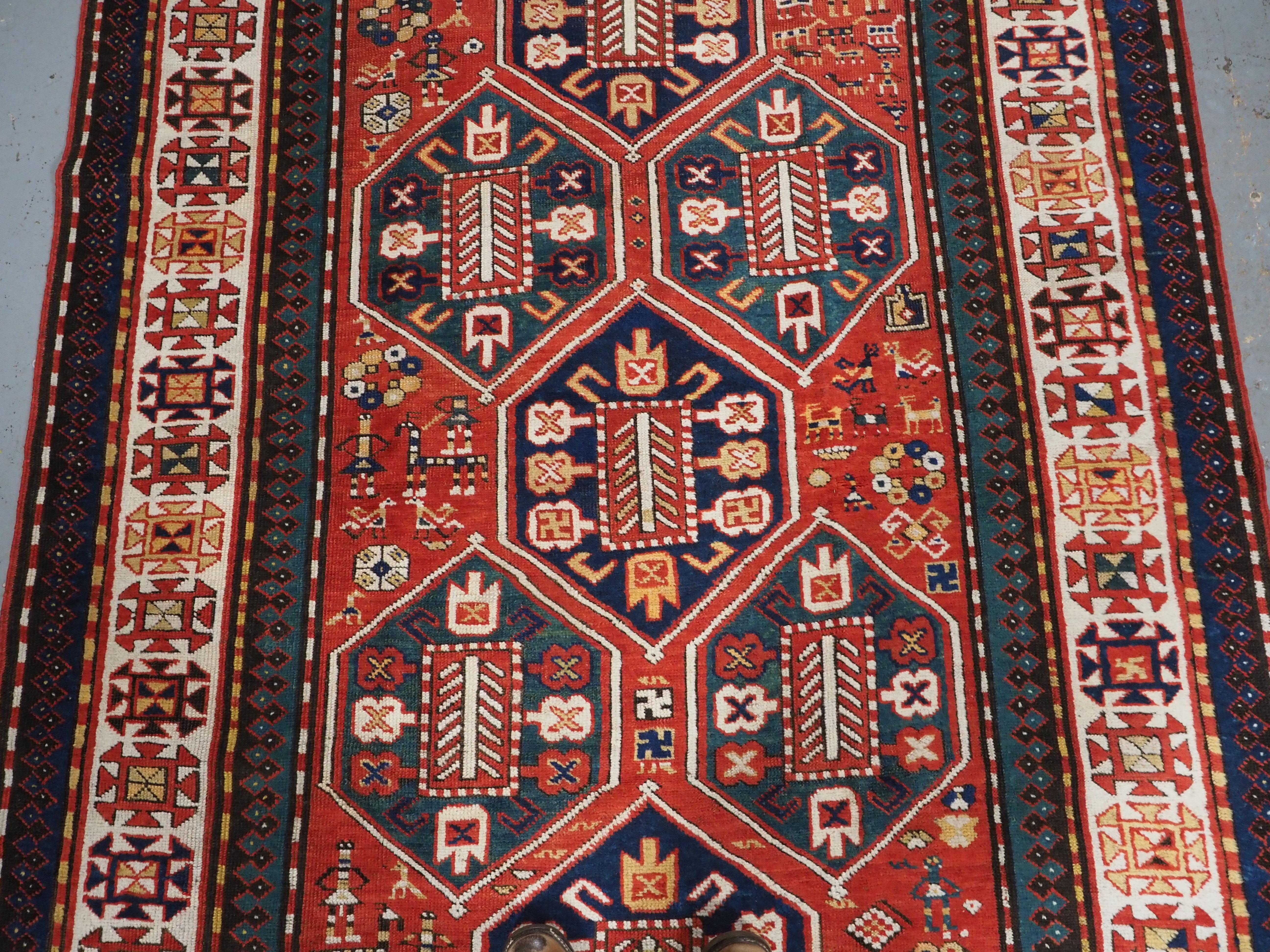 Antique Caucasian Gendje rug with wonderful folk art design.  Circa 1890. In Good Condition For Sale In Moreton-In-Marsh, GB