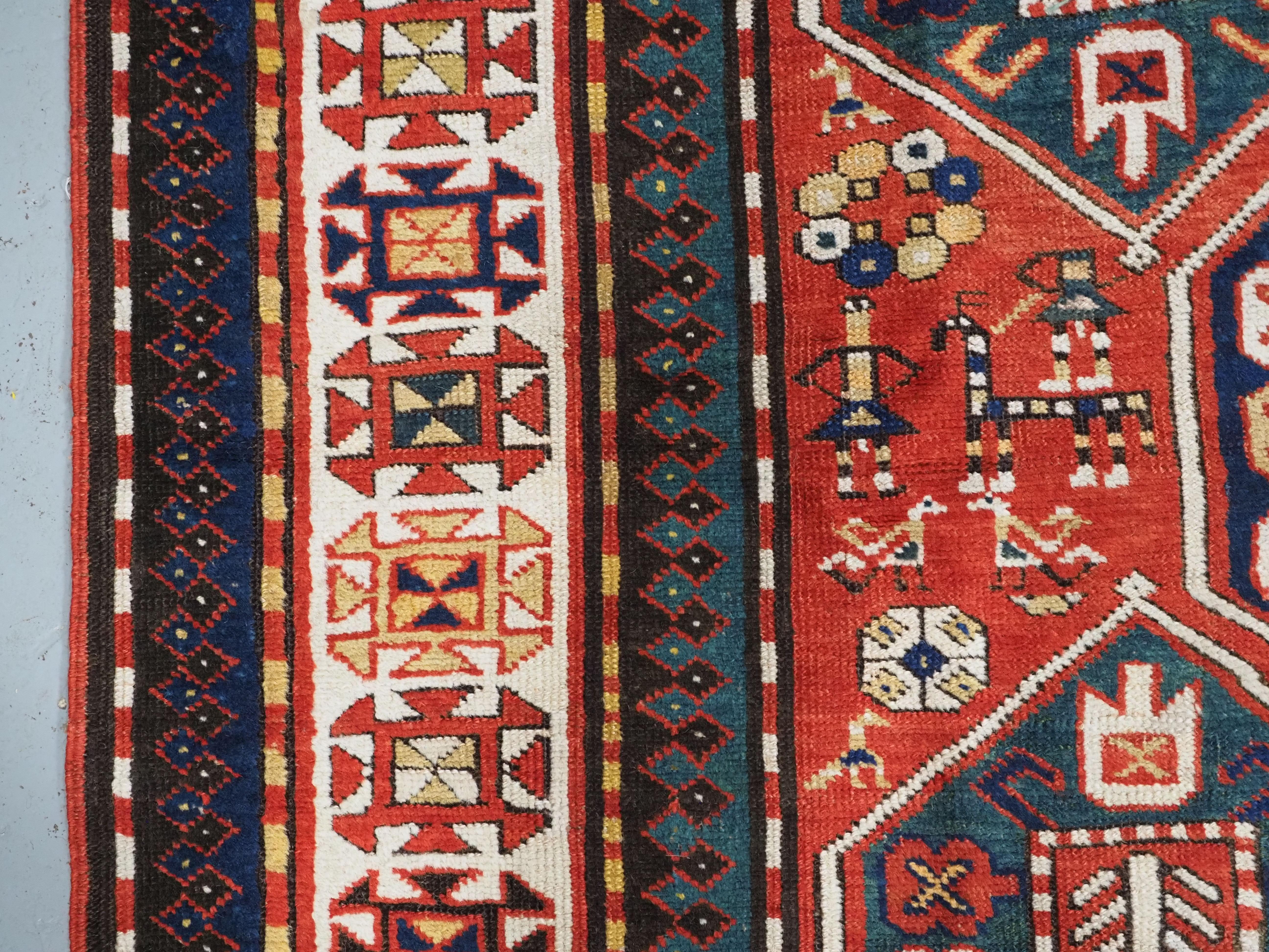 Antique Caucasian Gendje rug with wonderful folk art design.  Circa 1890. For Sale 1