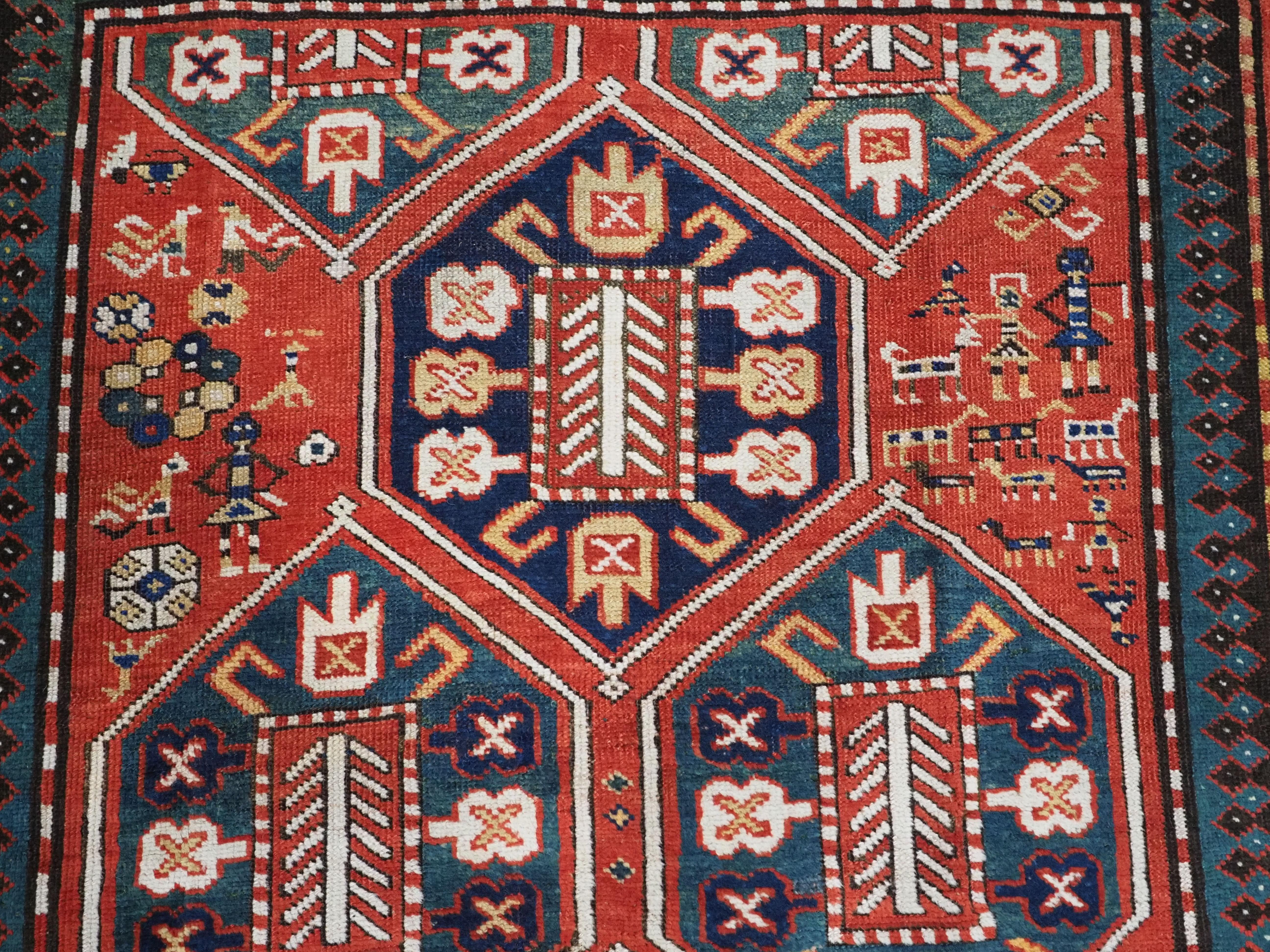 Antique Caucasian Gendje rug with wonderful folk art design.  Circa 1890. For Sale 2