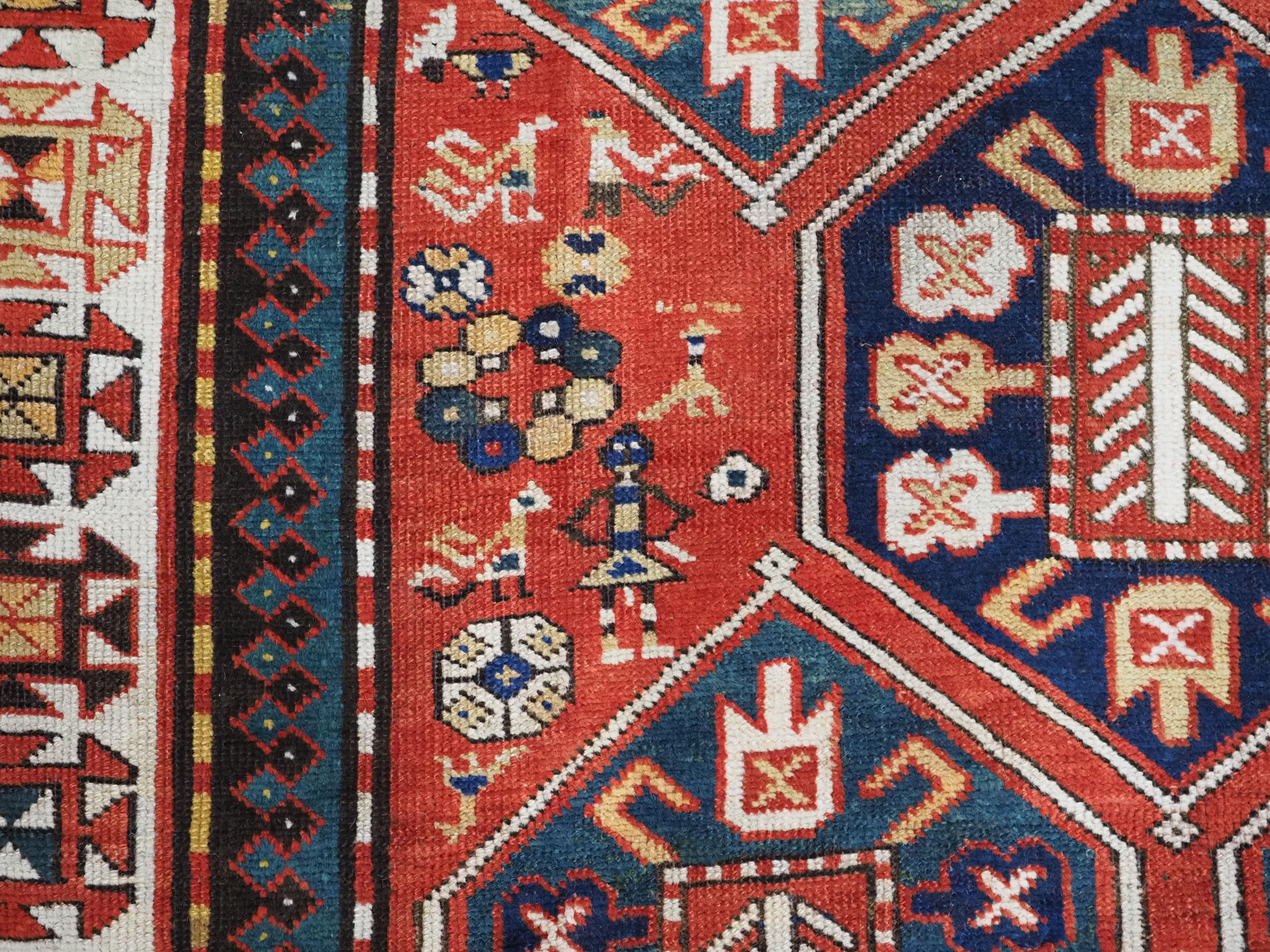 Antique Caucasian Gendje rug with wonderful folk art design.  Circa 1890. For Sale 3