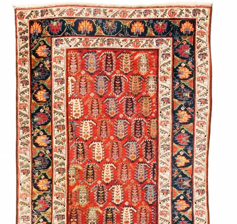 Hand-Knotted Antique Caucasian Genje Runner with Red, Green, Browns, and Blues Wool For Sale