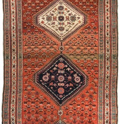 Antique Caucasian Geometric Rust and Blue Karabagh Runner Rug circa 1900-1910s