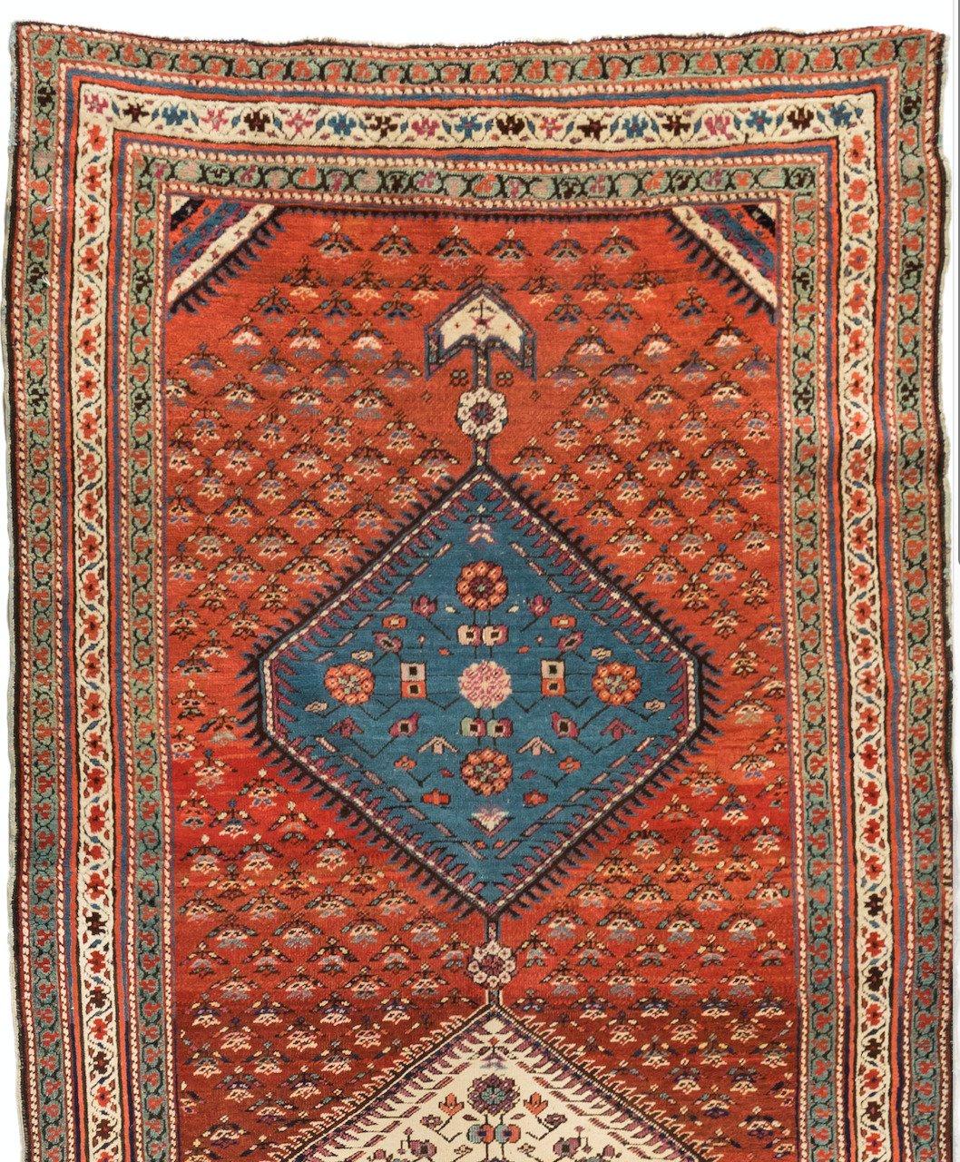 Tribal Antique Caucasian Geometric Rust and Blue Karabagh Runner Rug circa 1900-1910s For Sale