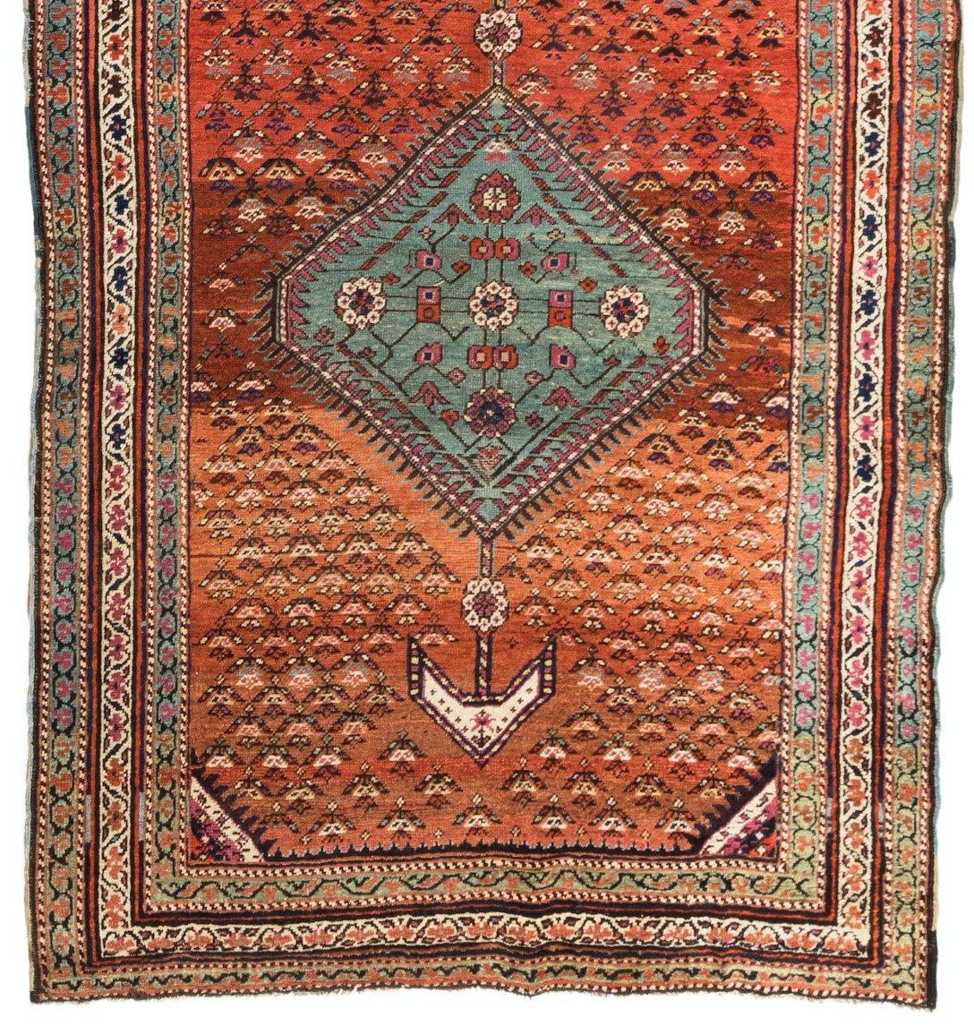 Hand-Woven Antique Caucasian Geometric Rust and Blue Karabagh Runner Rug circa 1900-1910s For Sale