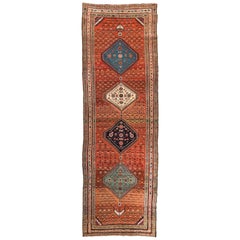 Antique Caucasian Geometric Rust and Blue Karabagh Runner Rug circa 1900-1910s