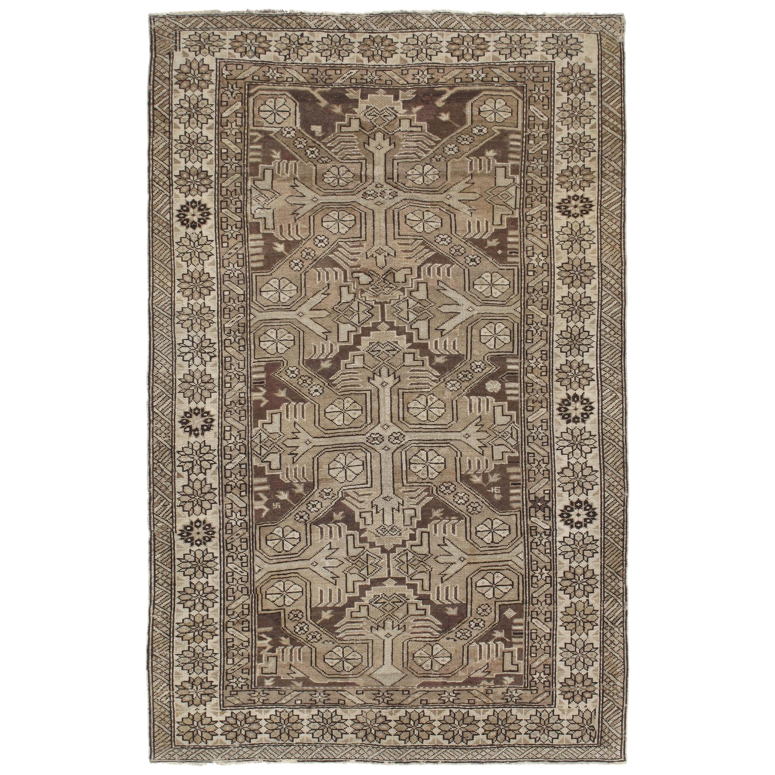 Antique Caucasian Handknotted Rug in Natural and Brown Colors For Sale
