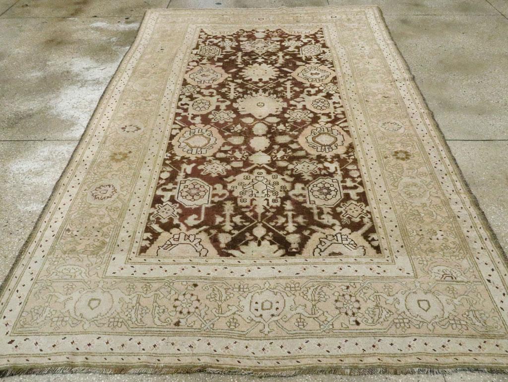 Hand-Knotted Antique Caucasian Karabagh Accent Rug in Neutral Cream and Brown Tones