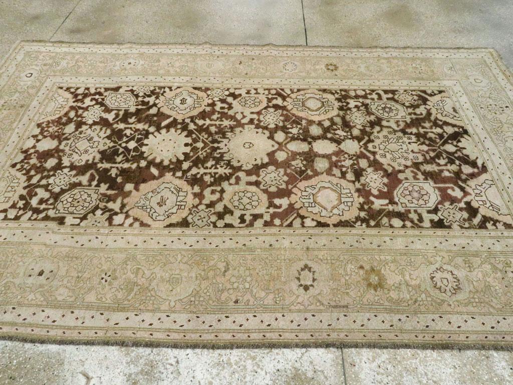 Wool Antique Caucasian Karabagh Accent Rug in Neutral Cream and Brown Tones