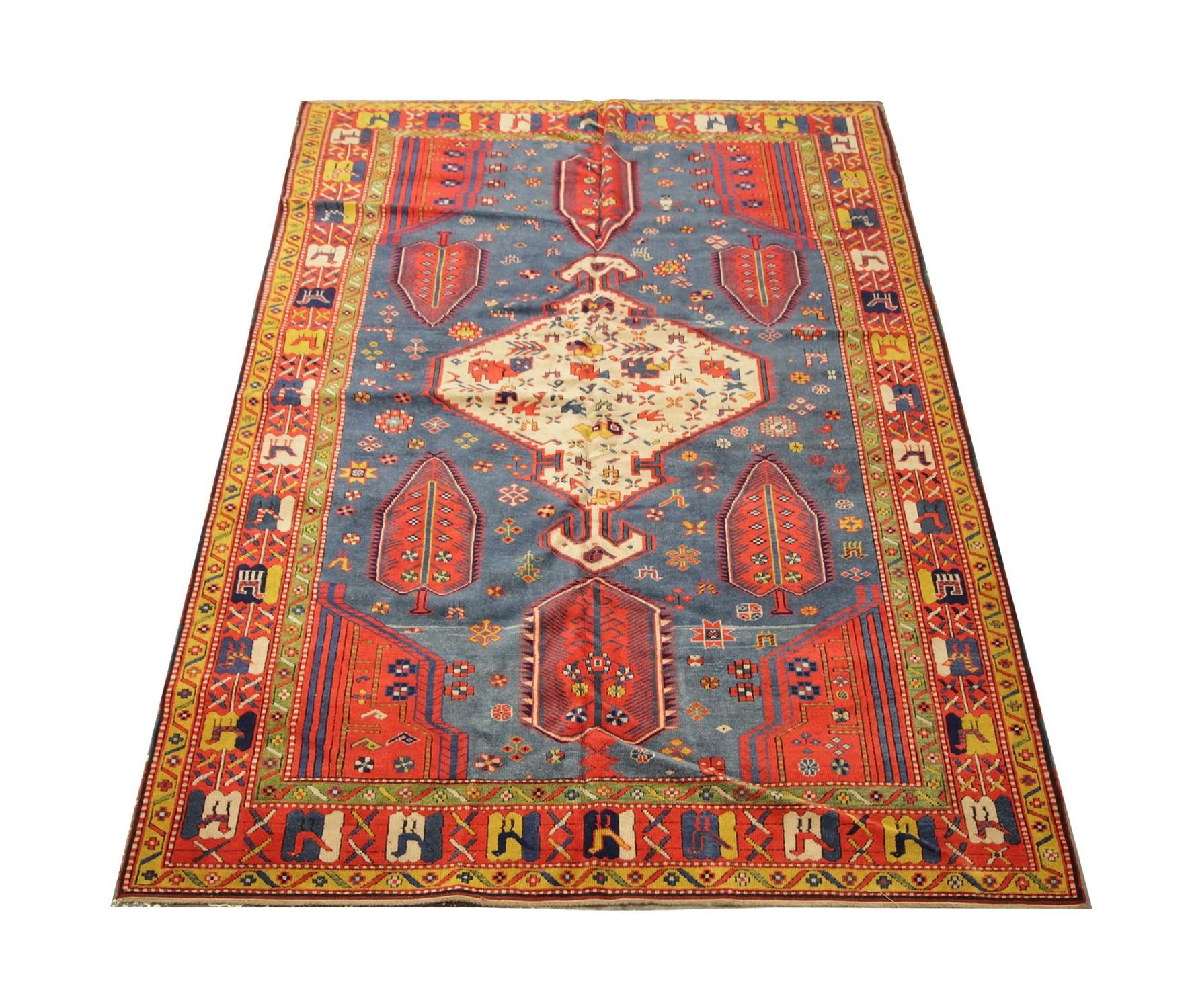 Cotton Antique Caucasian Karabagh Carpet Handmade Tribal Rustic Wool Rug for Sale For Sale