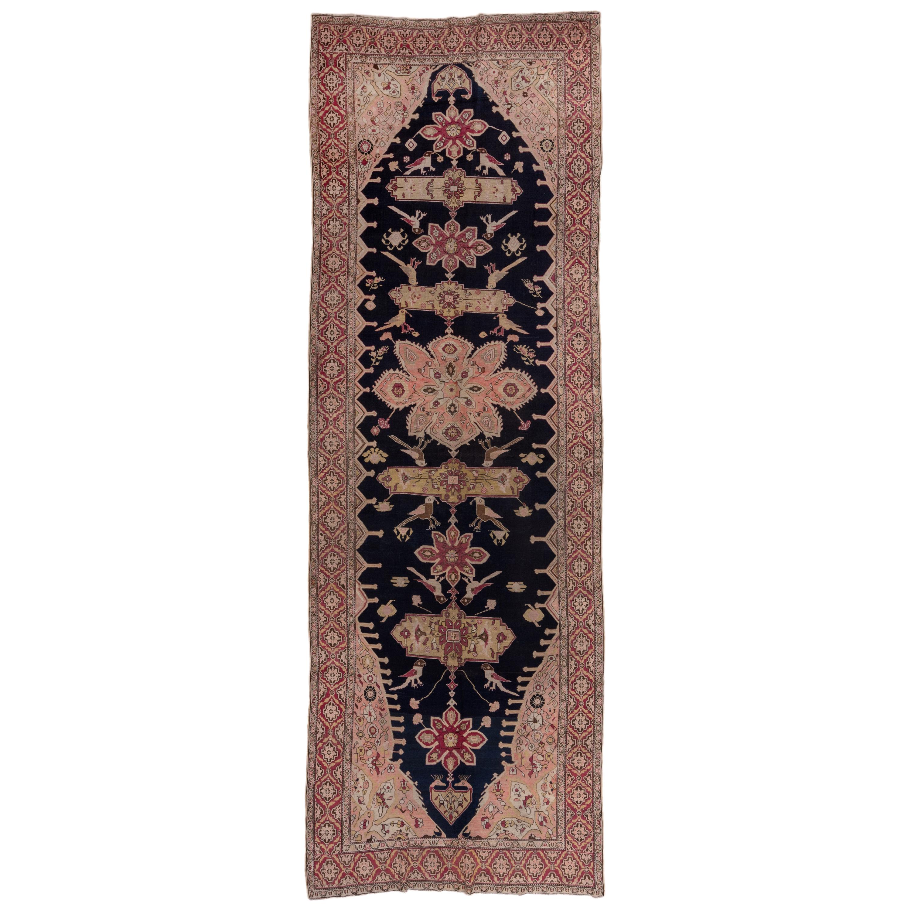 Antique Caucasian Karabagh Gallery Rug, Navy and Pink Field, Raspberry Borders