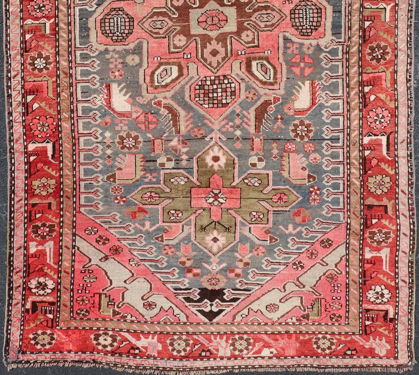 Antique Caucasian Karabagh Gallery Runner With Large Medallions Of Pink And Red For Sale 5