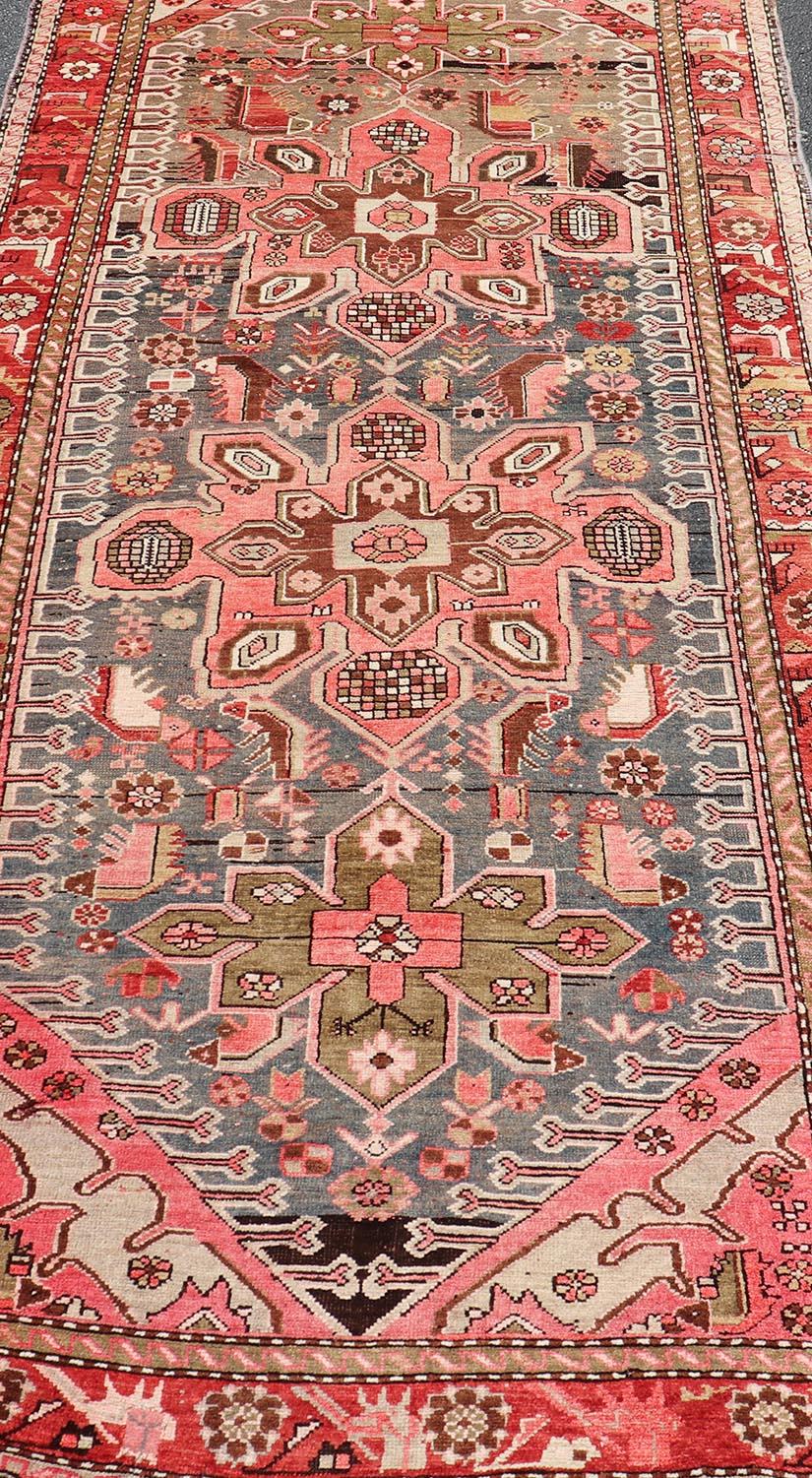 Antique Caucasian Karabagh Gallery Runner With Large Medallions Of Pink And Red For Sale 7