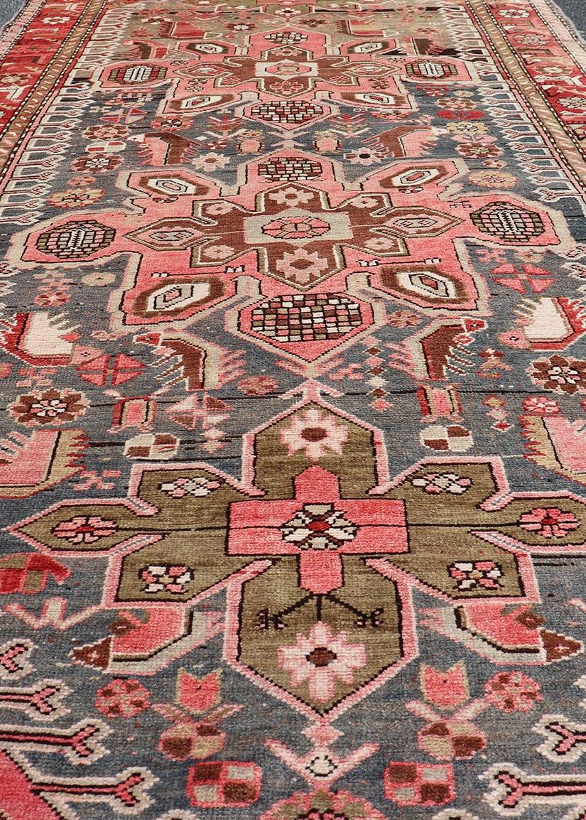 Antique Caucasian Karabagh Gallery Runner With Large Medallions Of Pink And Red For Sale 8