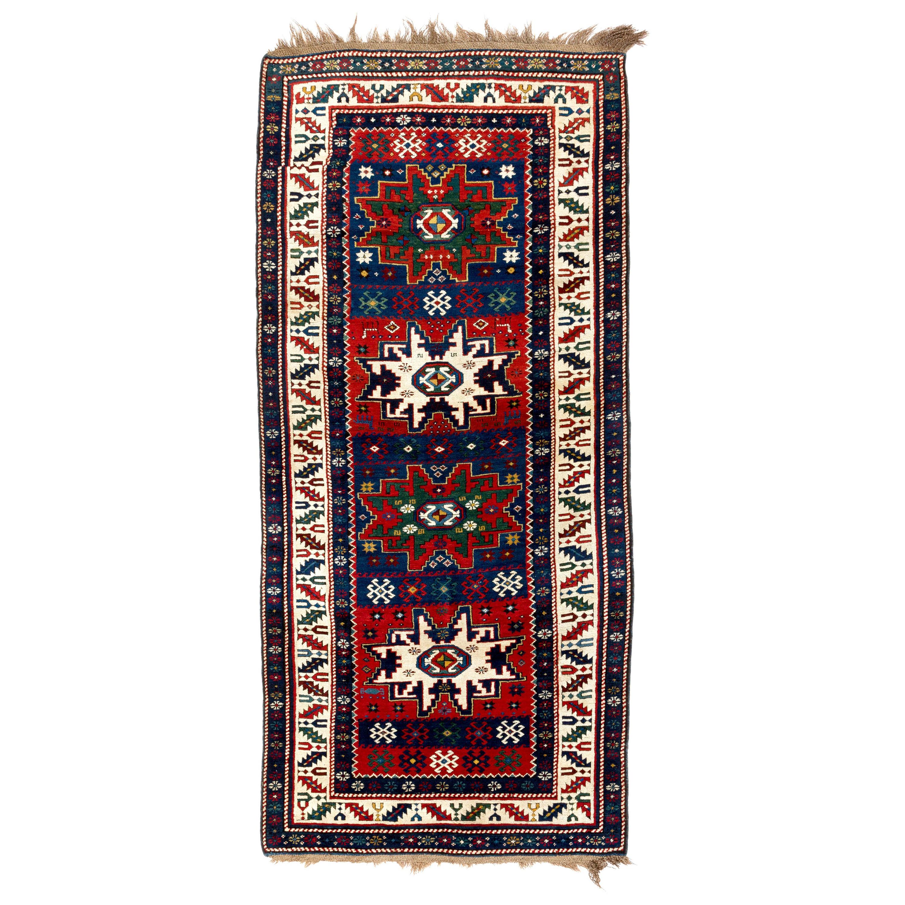 3.7x8.3 Ft Antique Caucasian Karabagh Kazak Rug with Lesghi Stars, Ca 1890 For Sale
