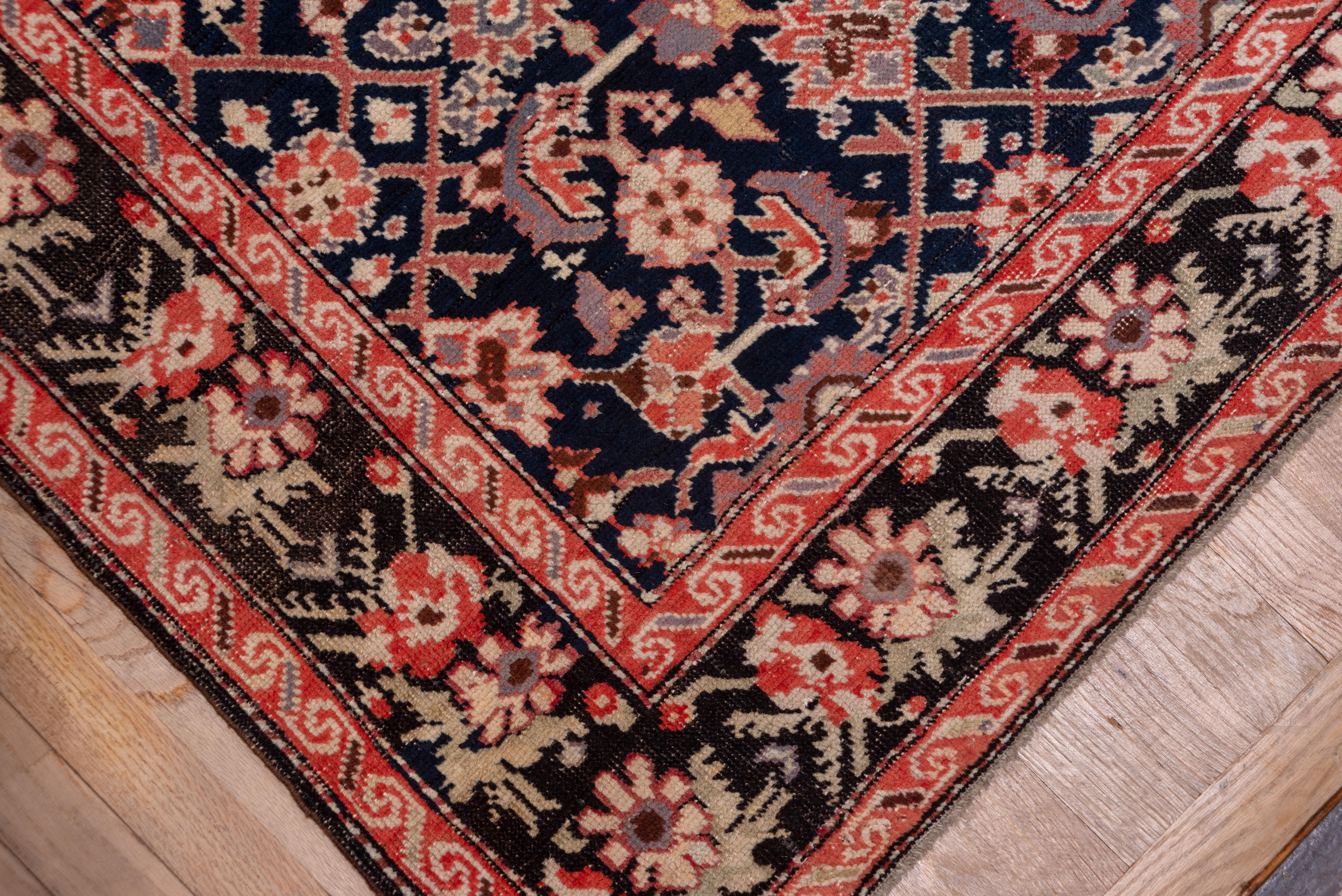 Early 20th Century Antique Caucasian Karabagh Long Runner, Navy All-Over Field, Floral Borders For Sale