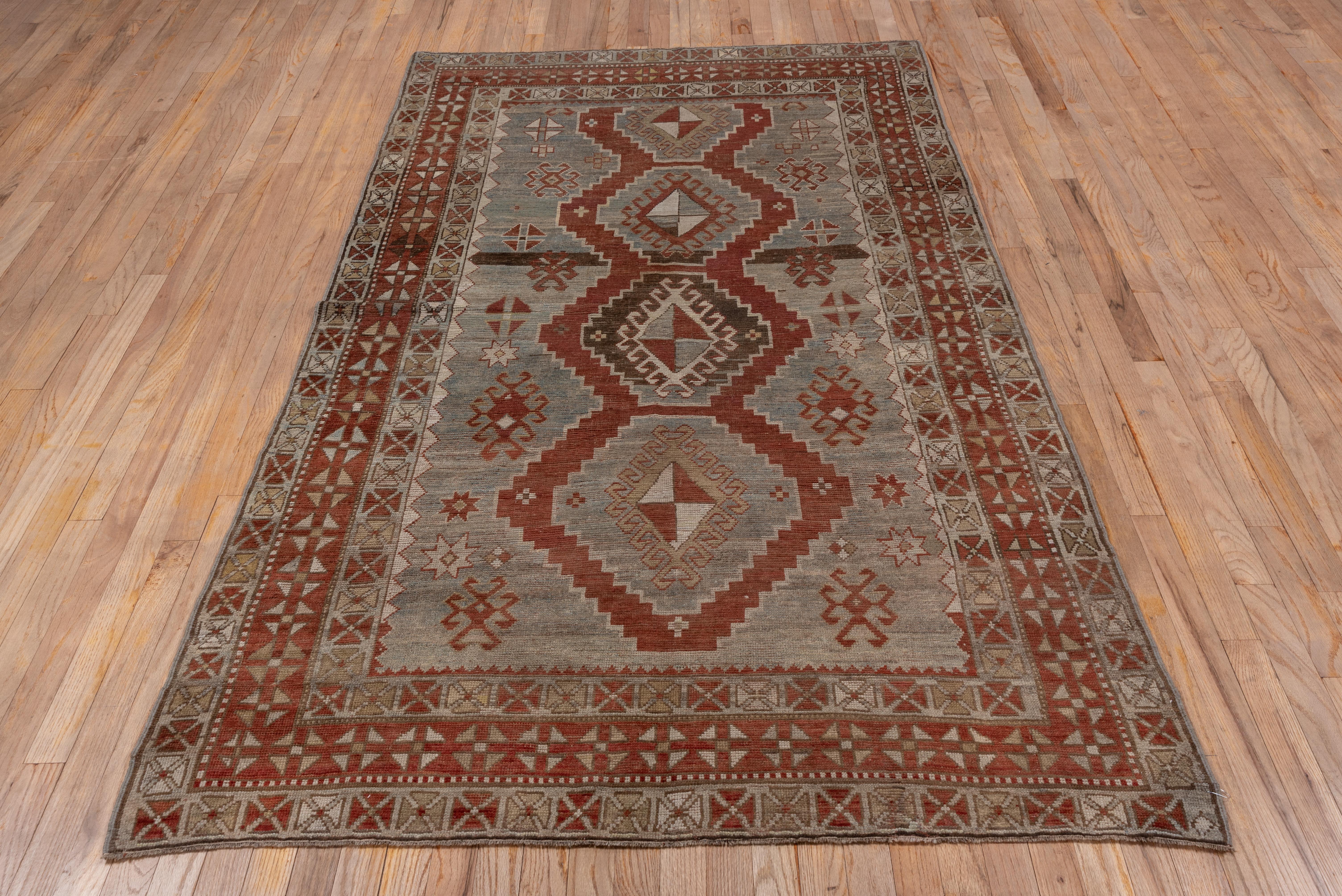 Hand-Knotted Antique Caucasian Karabagh Rug, Gray and Blue Field, Tribal, Red Borders For Sale