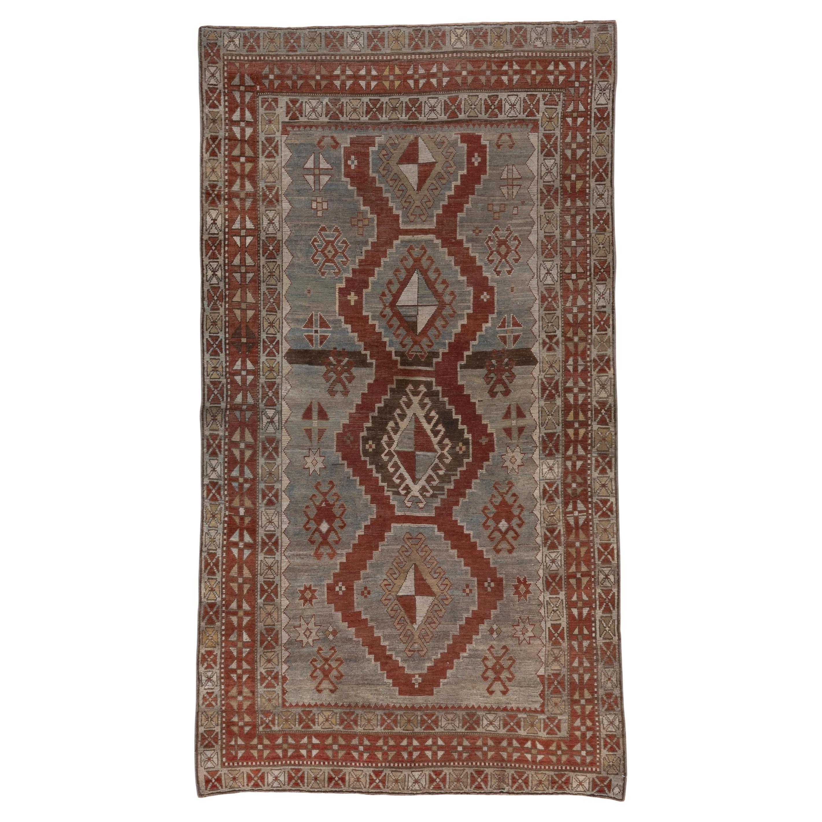 Antique Caucasian Karabagh Rug, Gray and Blue Field, Tribal, Red Borders