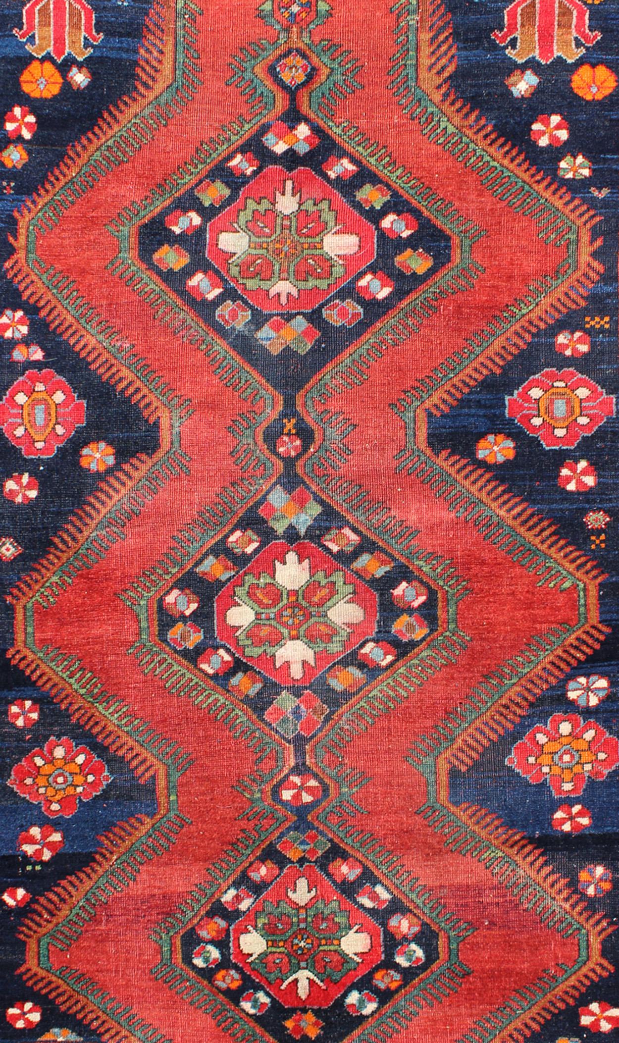 Tribal Antique Caucasian Karabagh Rug in Red, Navy Blue with Geometric Medallions For Sale
