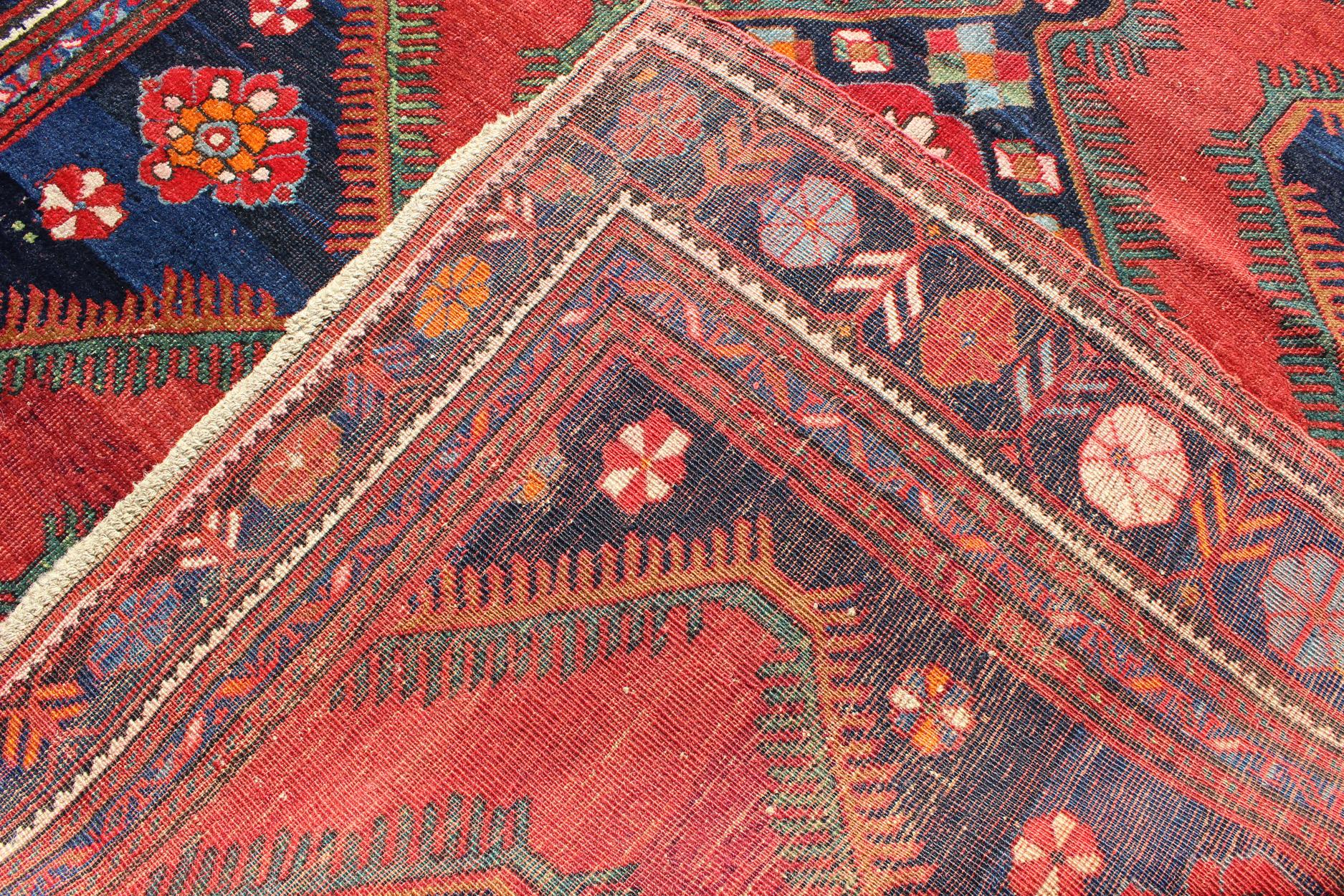 Armenian Antique Caucasian Karabagh Rug in Red, Navy Blue with Geometric Medallions For Sale