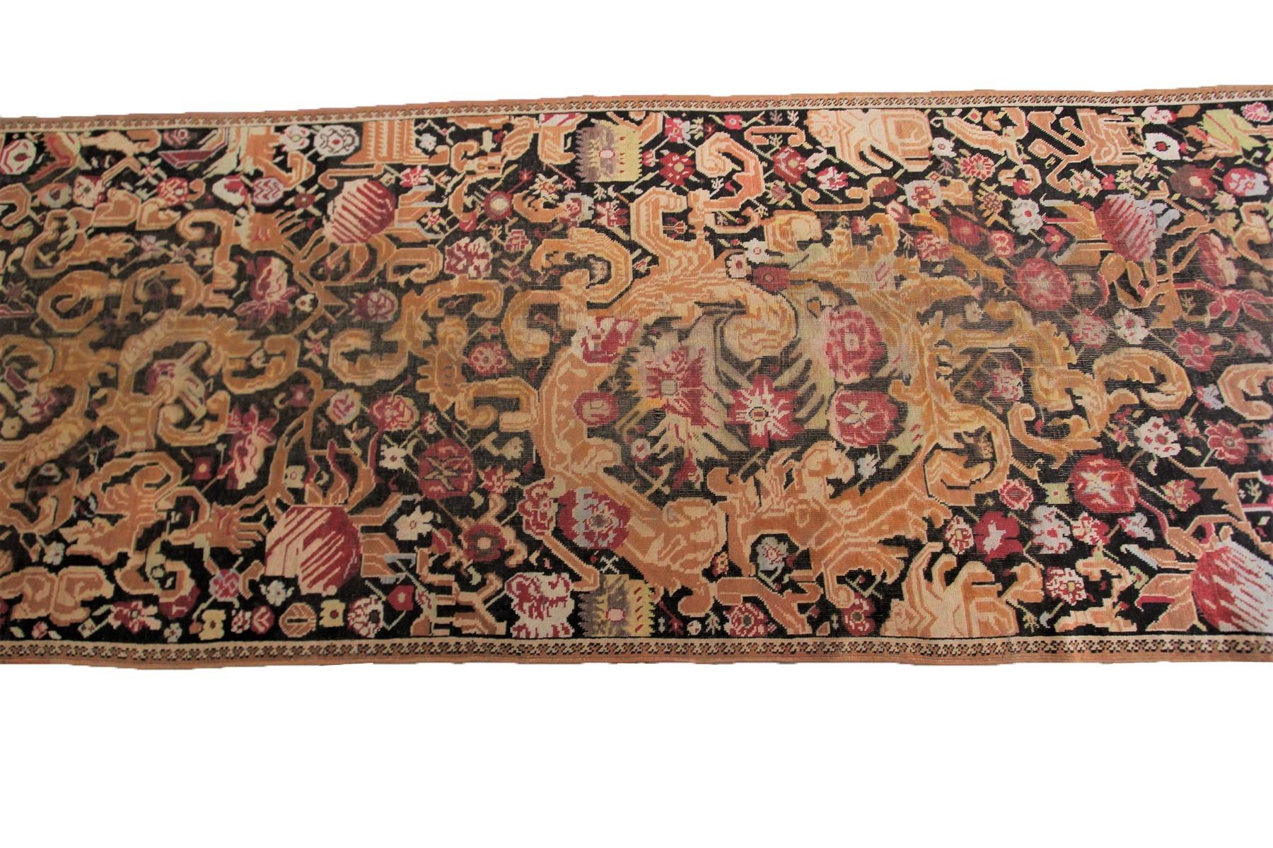Hand-Knotted Antique Caucasian Karabagh Runner Geometric Antique Runner Black, 1870 For Sale
