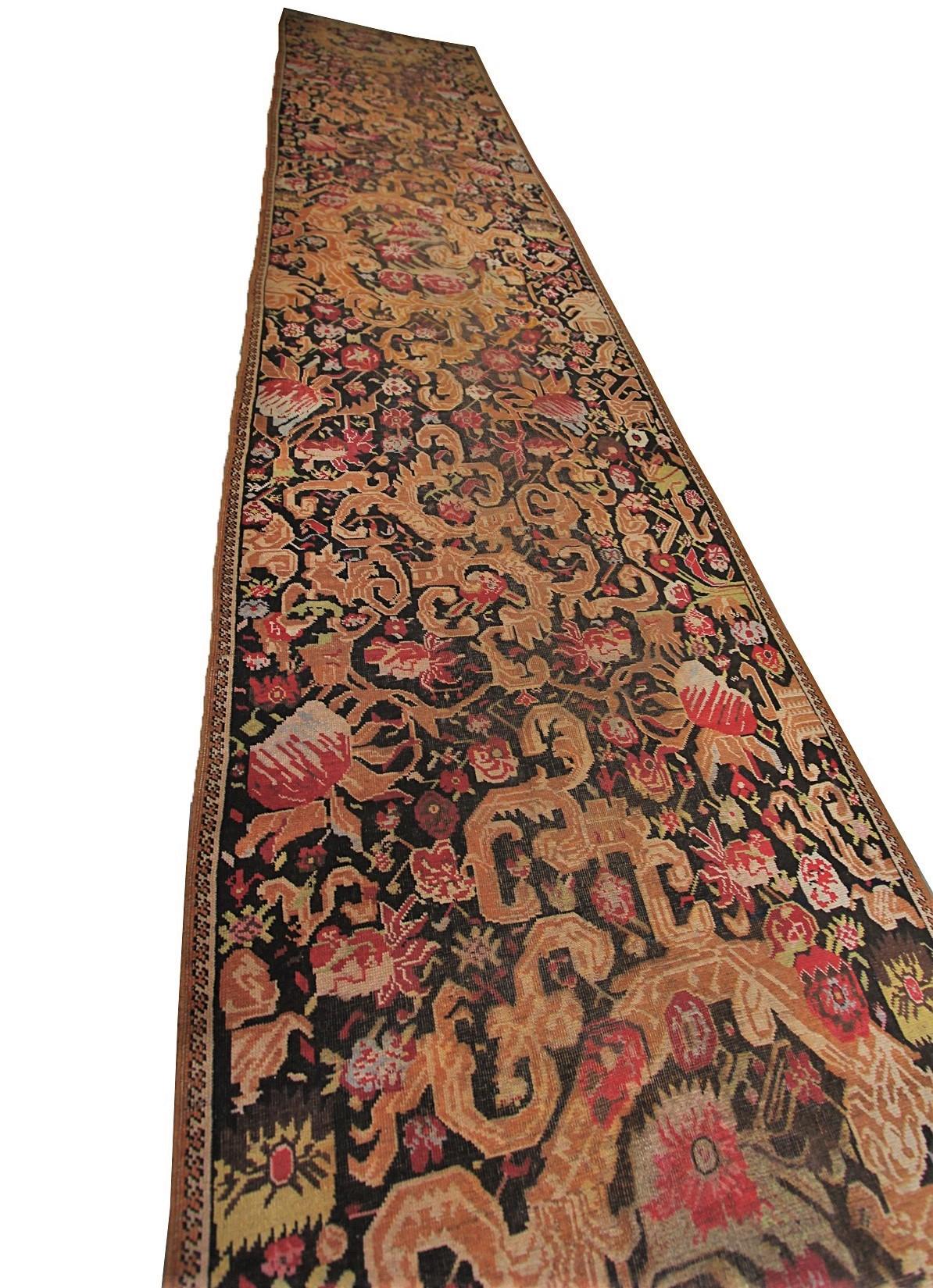Antique Caucasian Karabagh Runner Geometric Antique Runner Black, 1870 In Good Condition For Sale In New York, NY