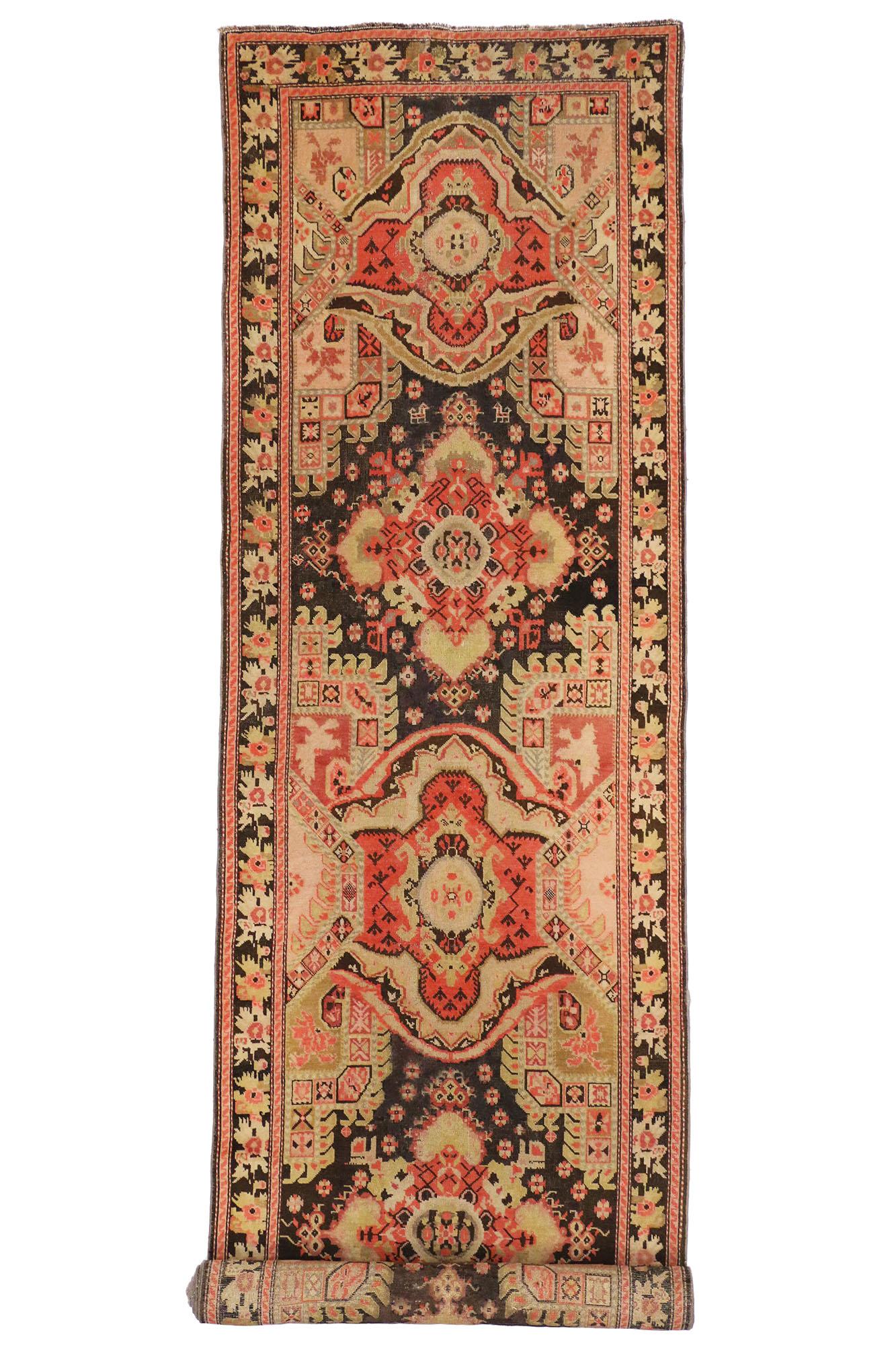 Extra-Long Antique Caucasian Karabakh Runner with Warm Artisinal Style For Sale 2