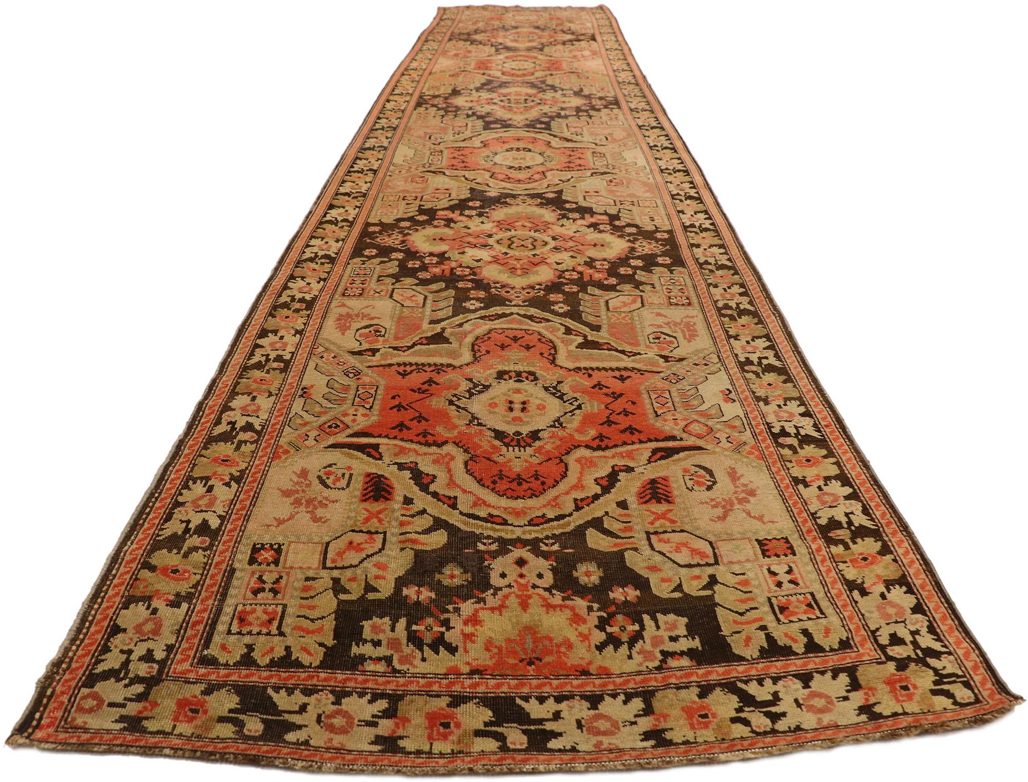 Arts and Crafts Extra-Long Antique Caucasian Karabakh Runner with Warm Artisinal Style For Sale