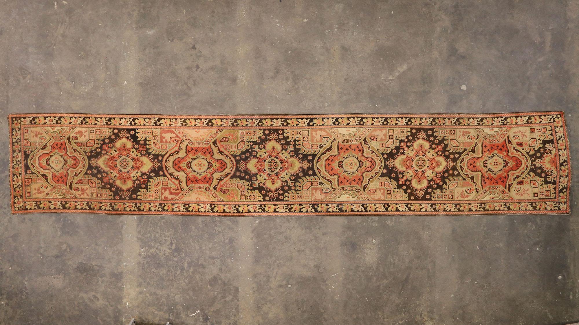 Wool Extra-Long Antique Caucasian Karabakh Runner with Warm Artisinal Style For Sale